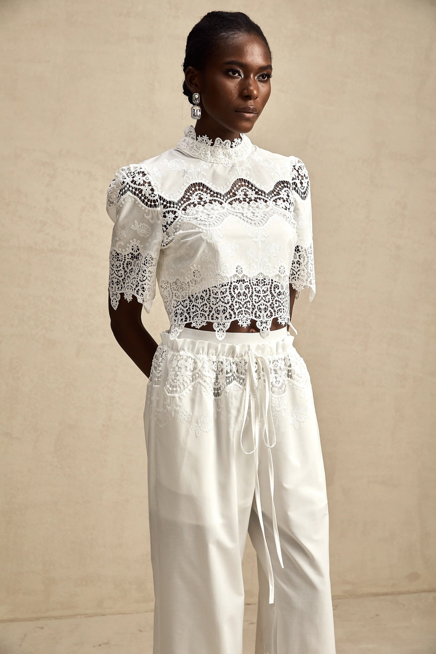 Raphaelle Lace-Trim Cut-Out Cropped Top & Trousers Matching Set