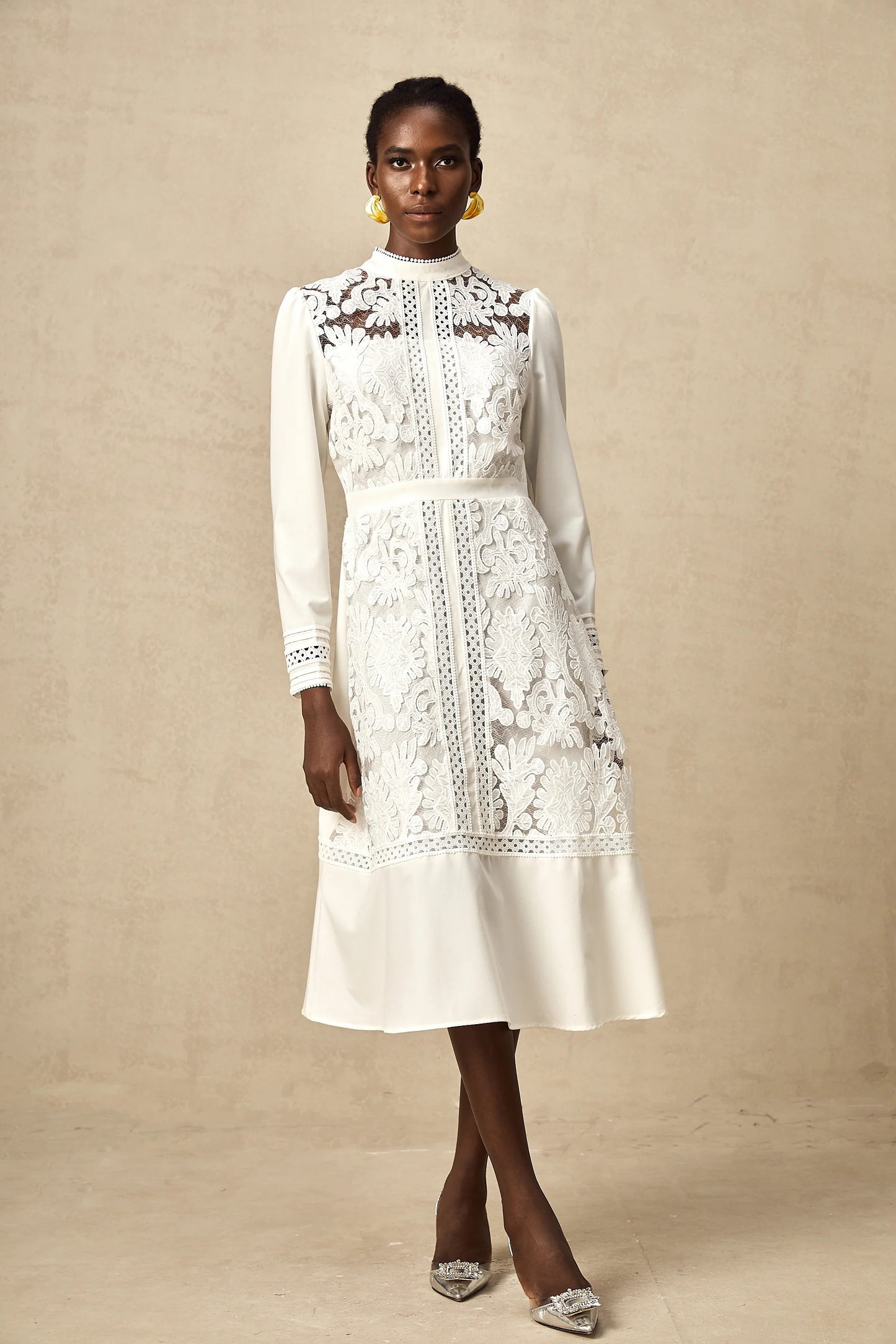Madeleine White Panelled Embroidered Midi Dress
