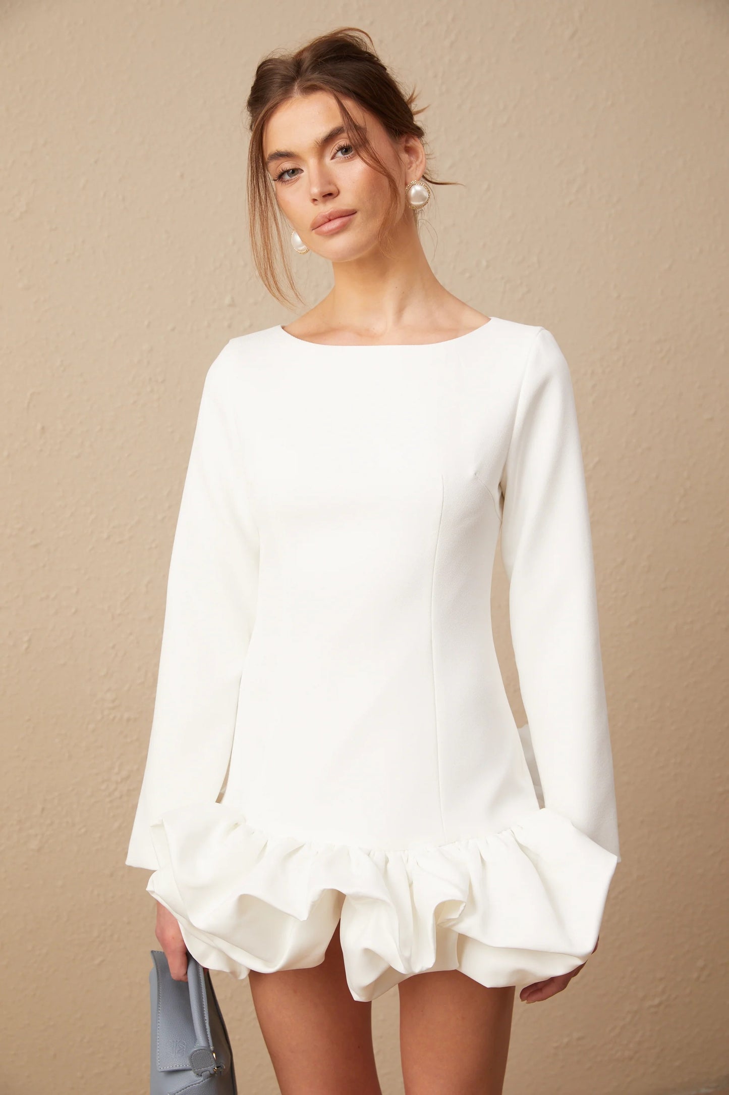 Elodie Bubble-Skirt Mini Dress in White