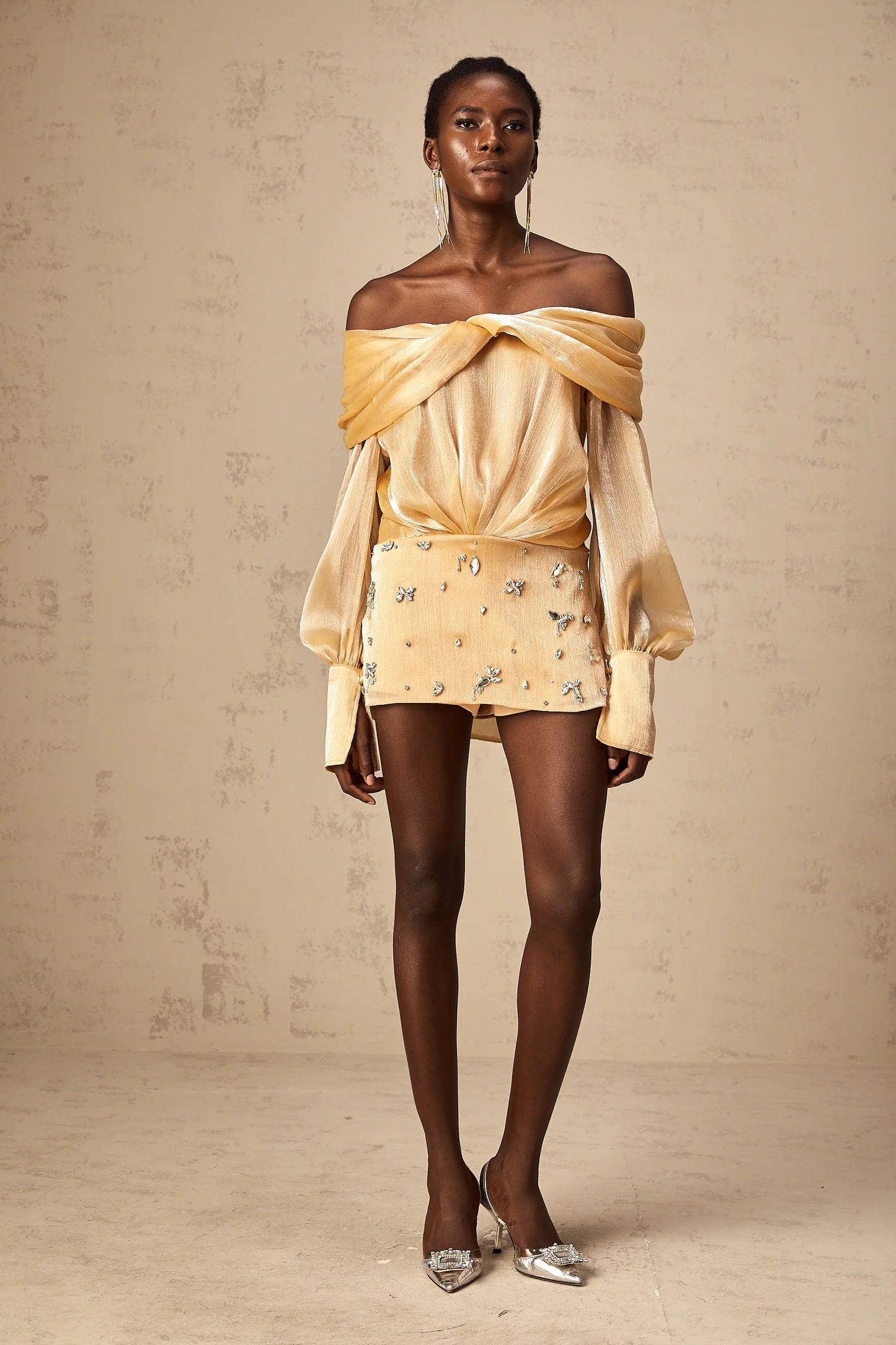 Adelina Gold Crystal-Embellished Panelled Mini Dress
