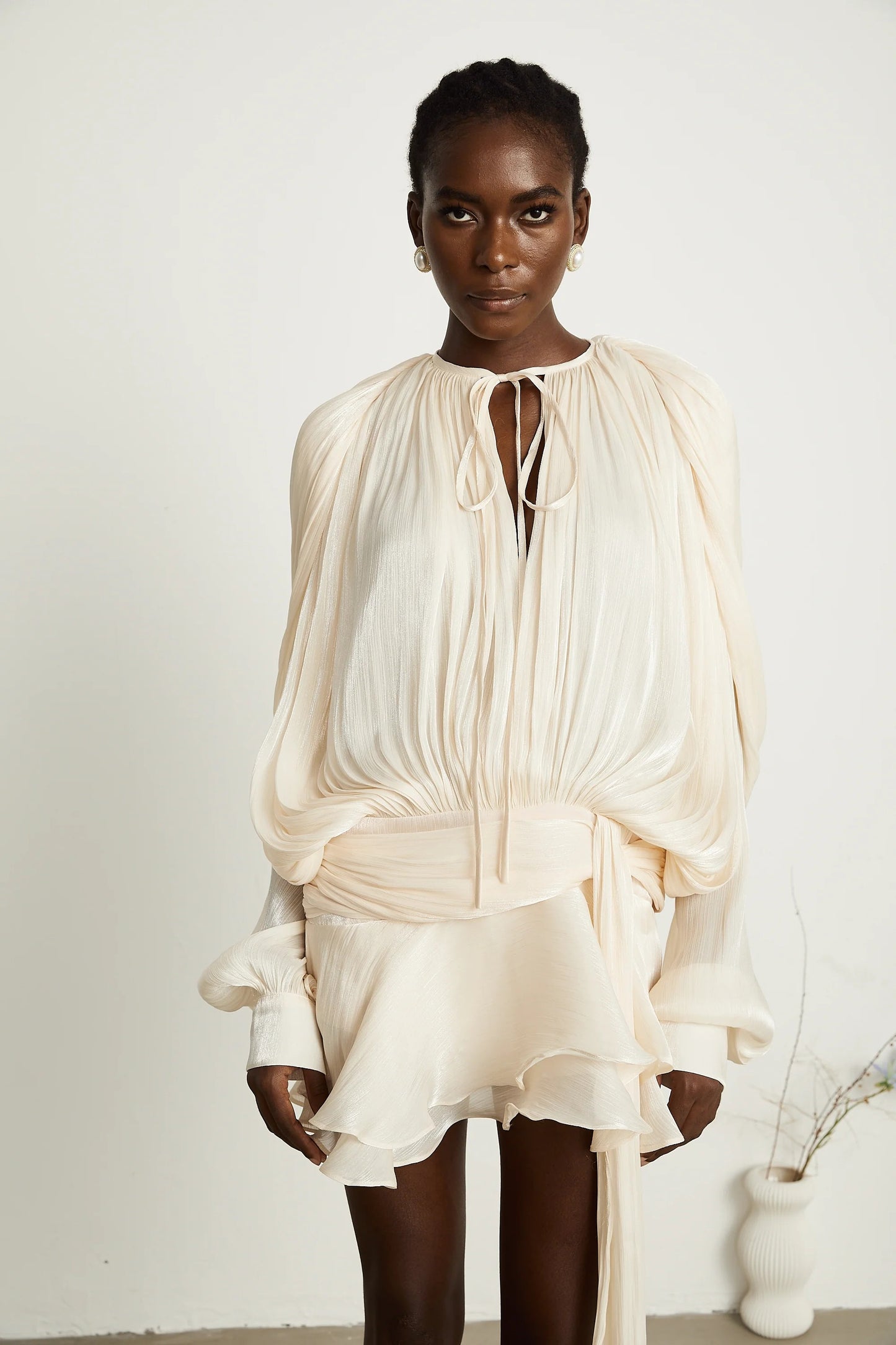 Eugenie Neutral Fully Pleated Ruffled Mini Dress