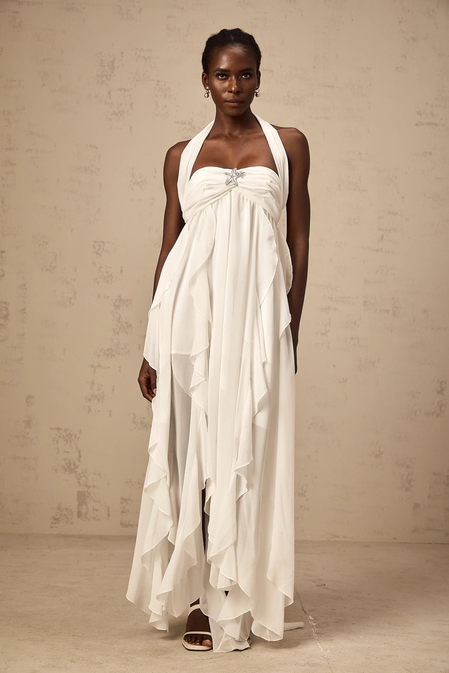 Mariah White Chiffon Ruffle Halterneck Maxi Dress