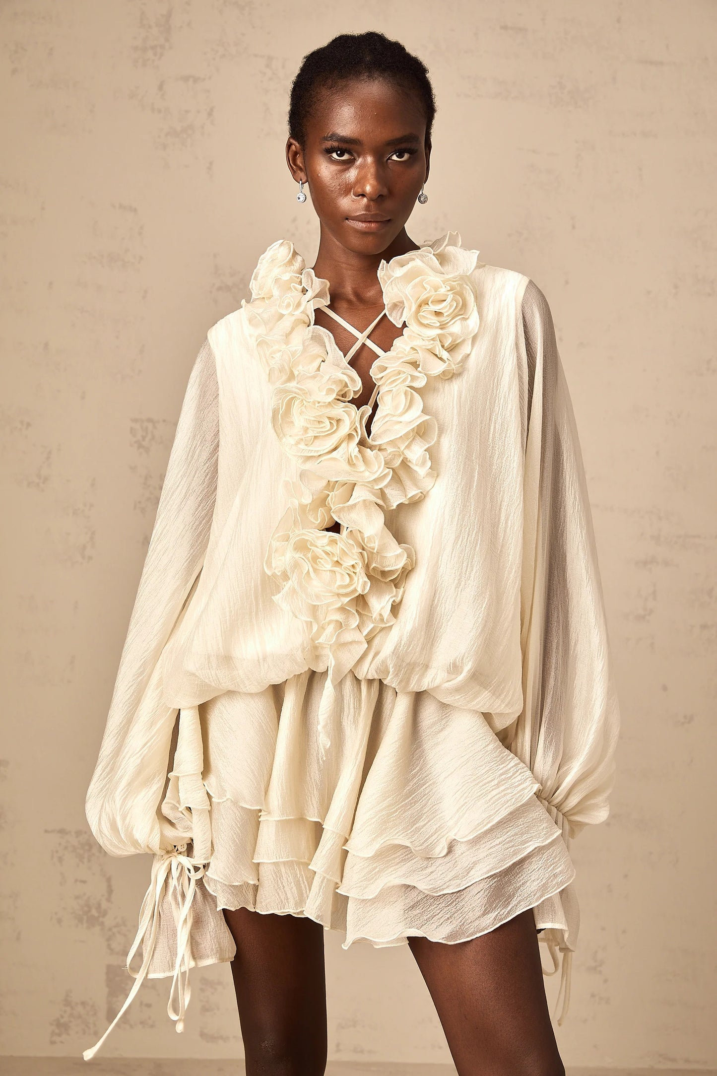 Zephyrine Floral-Applique Tiered Mini Dress in Neutrals