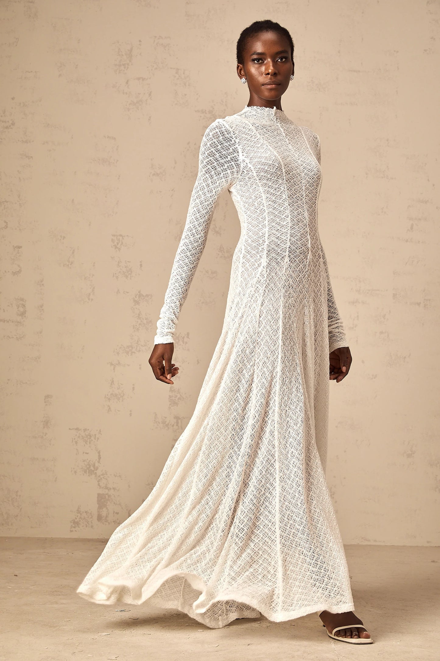 Athena Wavy-Pattern Lace Maxi Dress in White