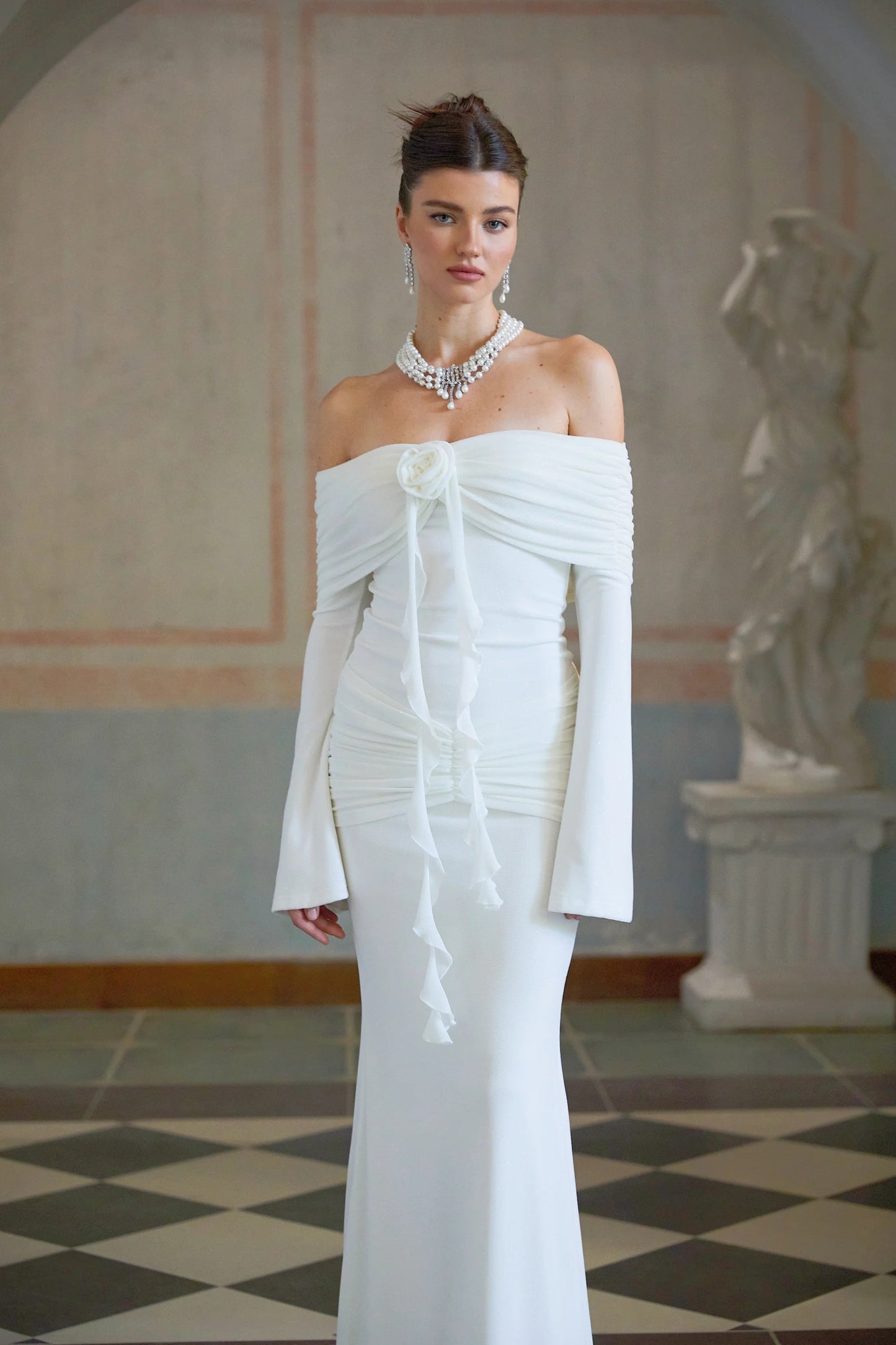 Wanda White Glittered Floral-Applique Knit Maxi Dress