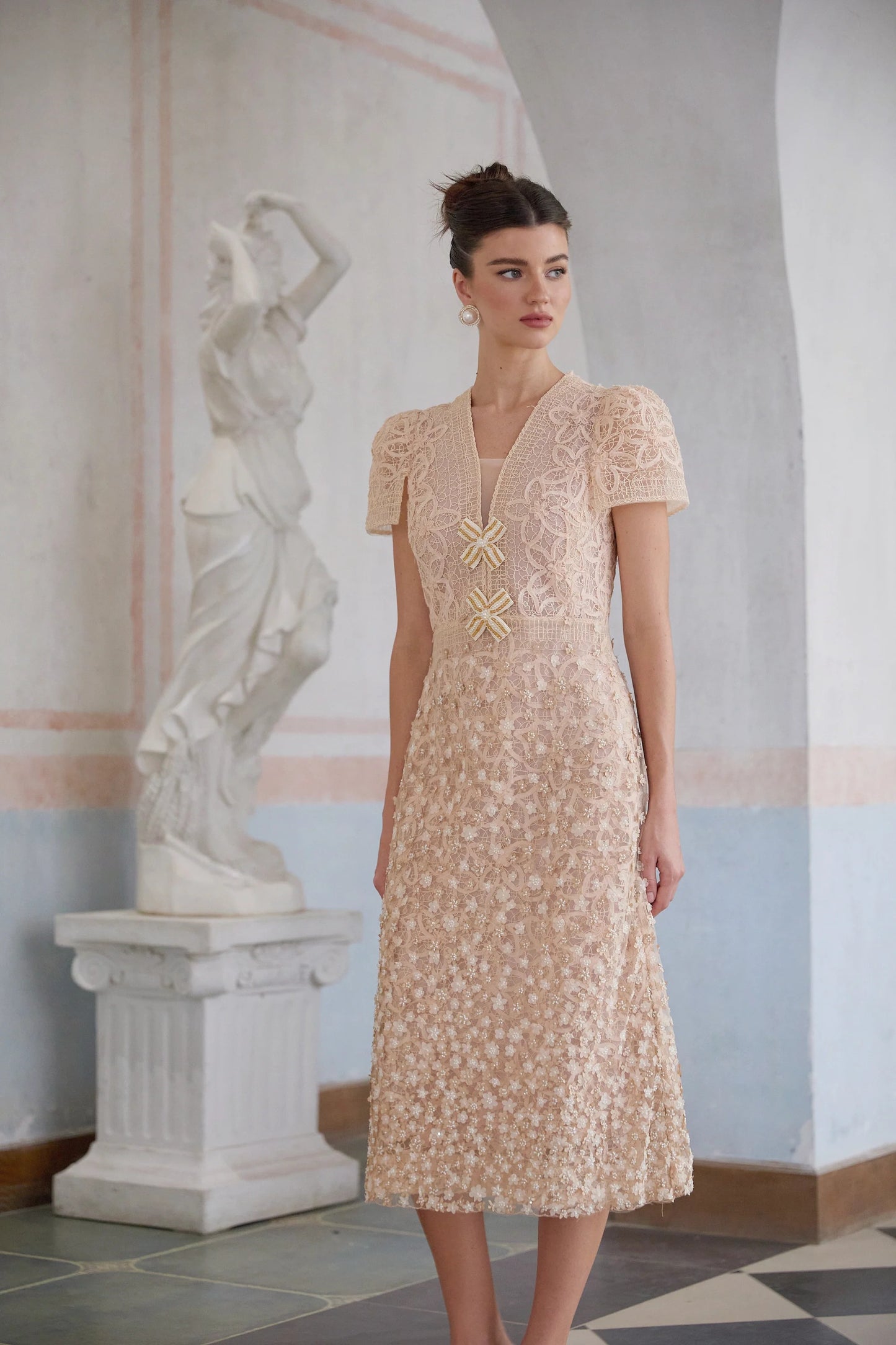 Berengere Neutrals Faux-Flower Crochet Midi Dress