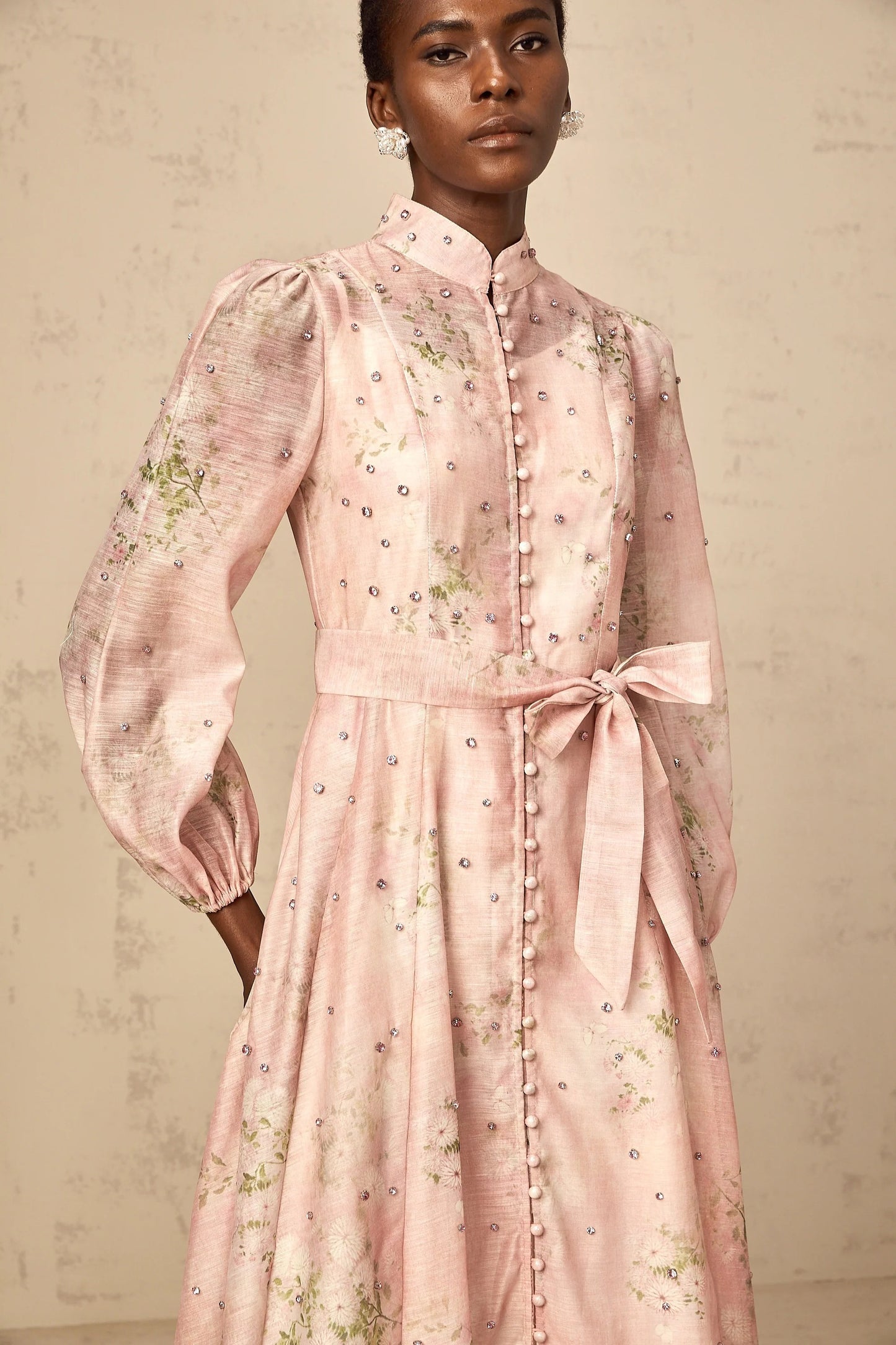 Narcisse Pink Embellished Floral-Print Midi Dress