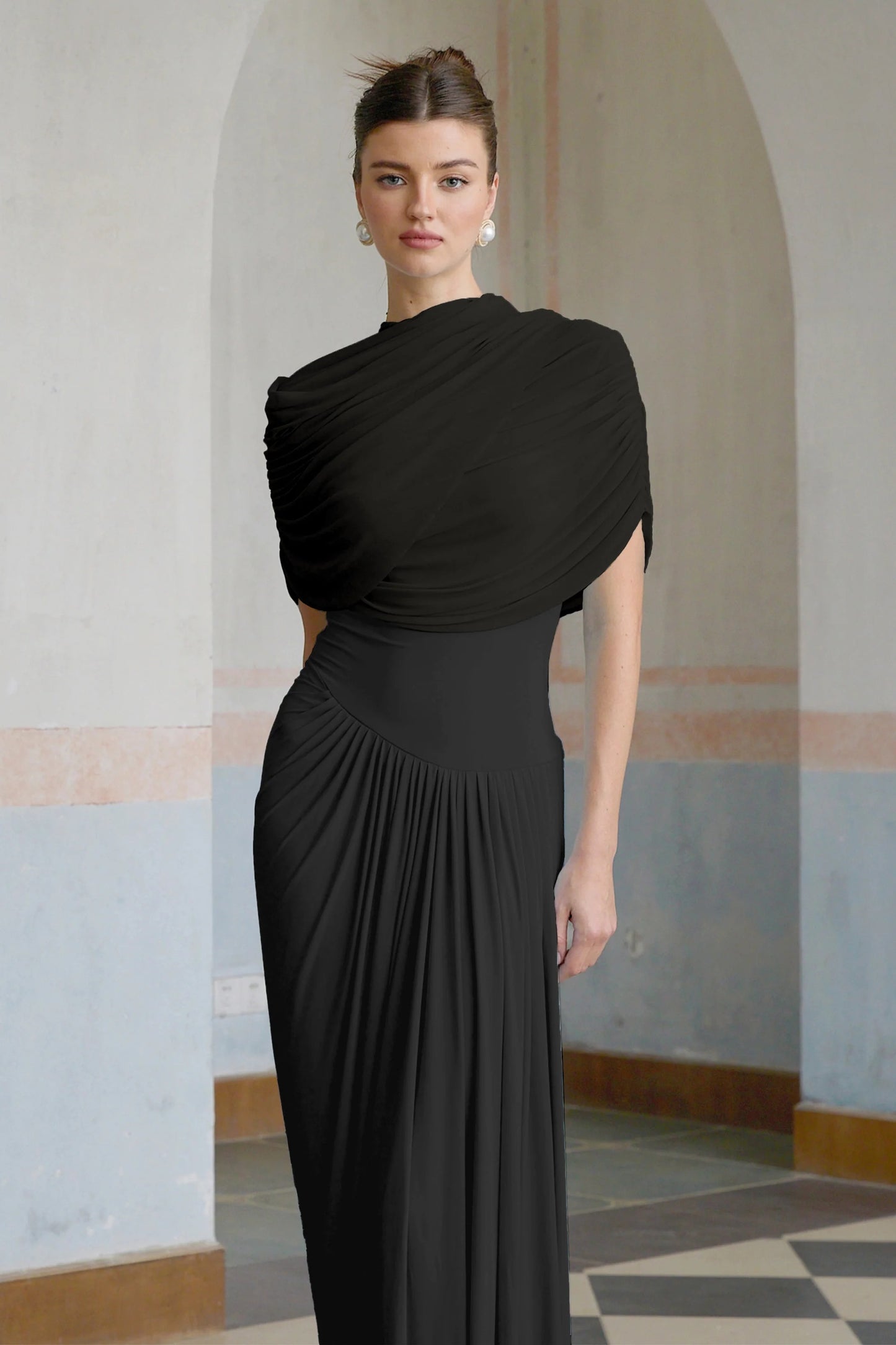 Catherine Black Asymmetrical Pleated Maxi Dress
