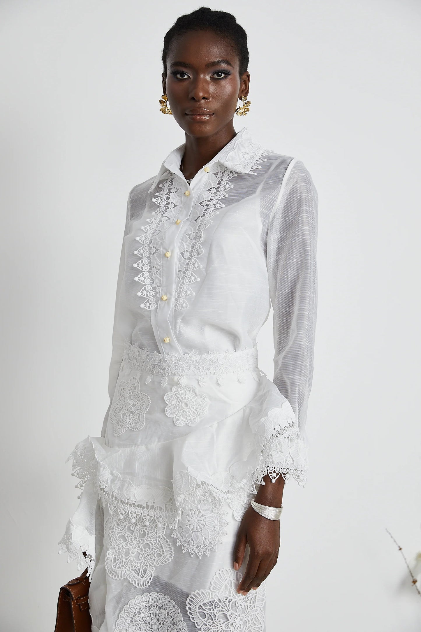 Renee White Semi-Sheer Shirt & Skirt Matching Set