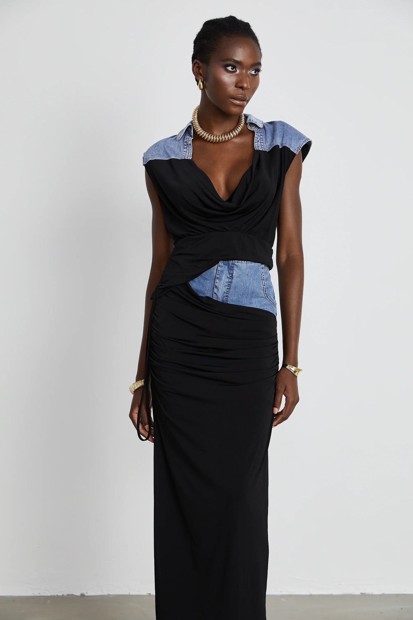 Nala jersey-panelled denim top & skirt matching set