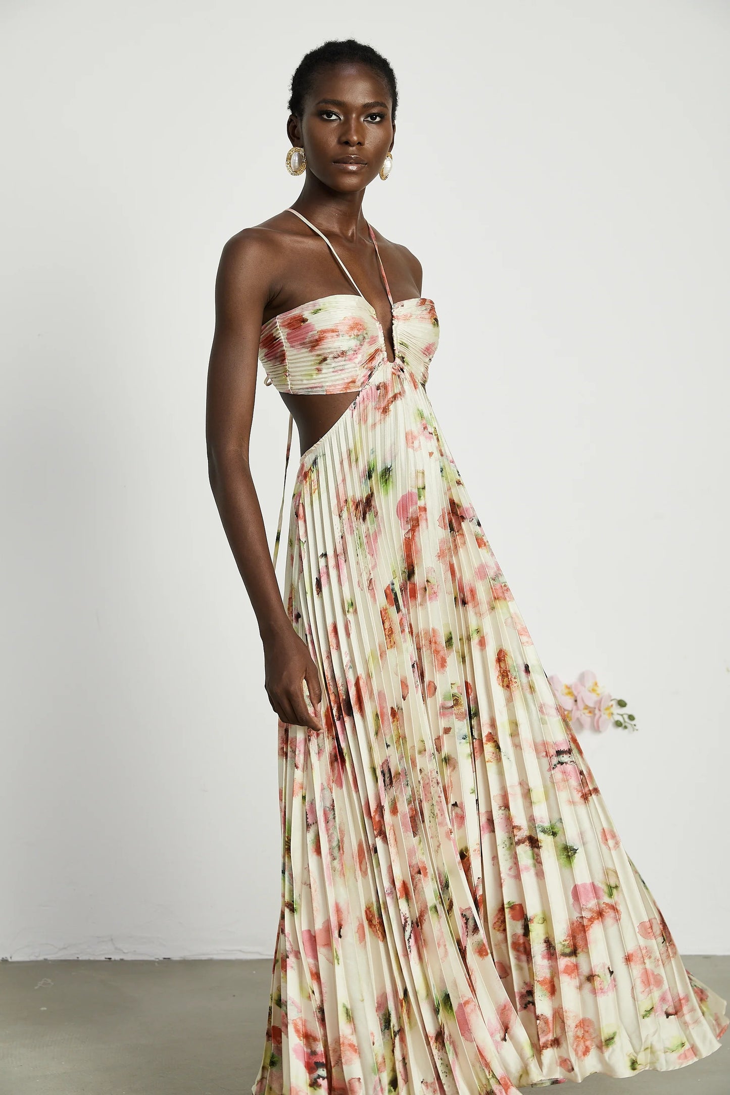 Andrea Cut-Out Floral-Print Pleated Maxi Dress