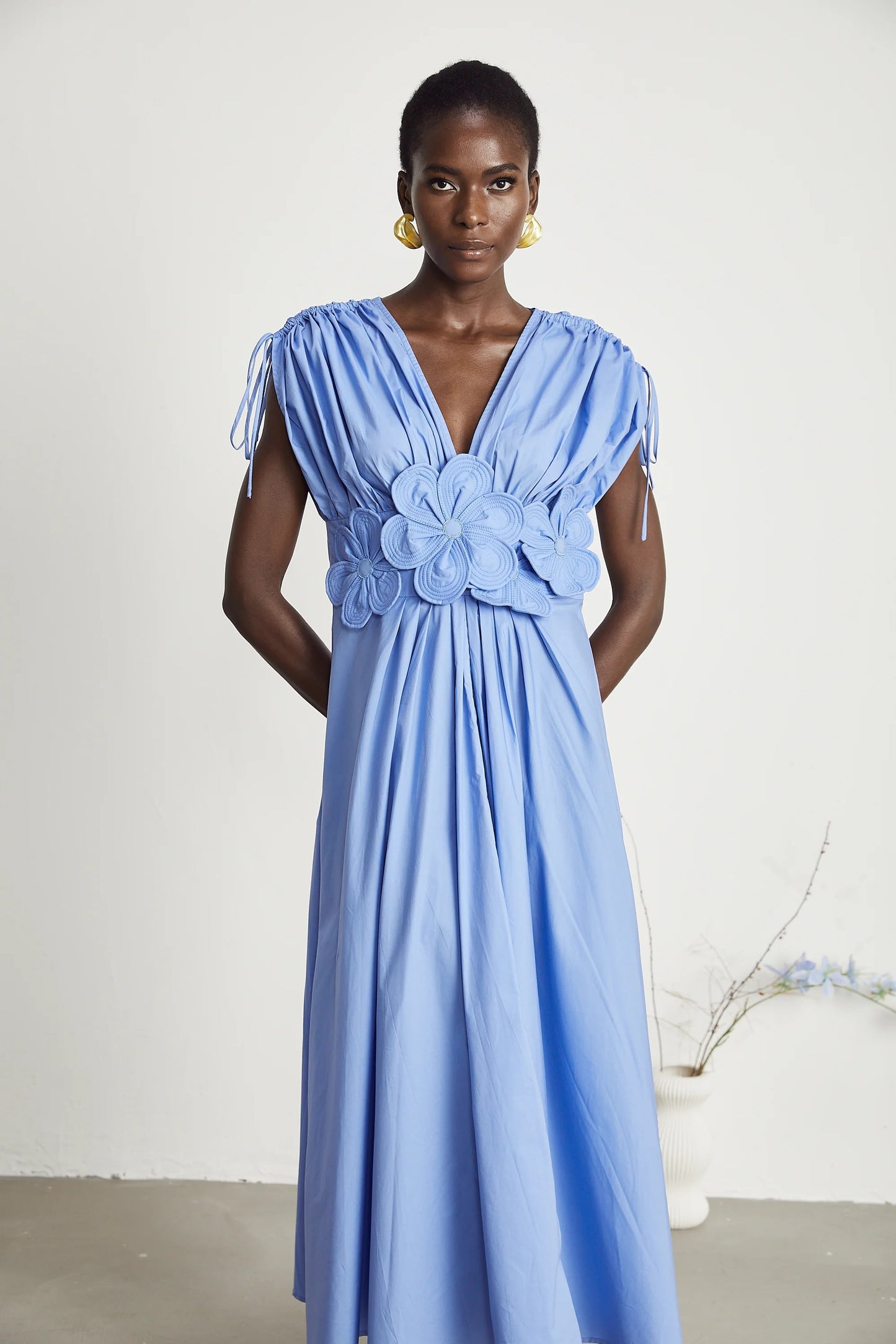 Emma Petal-Detail Drawstring Maxi Dress in Blue