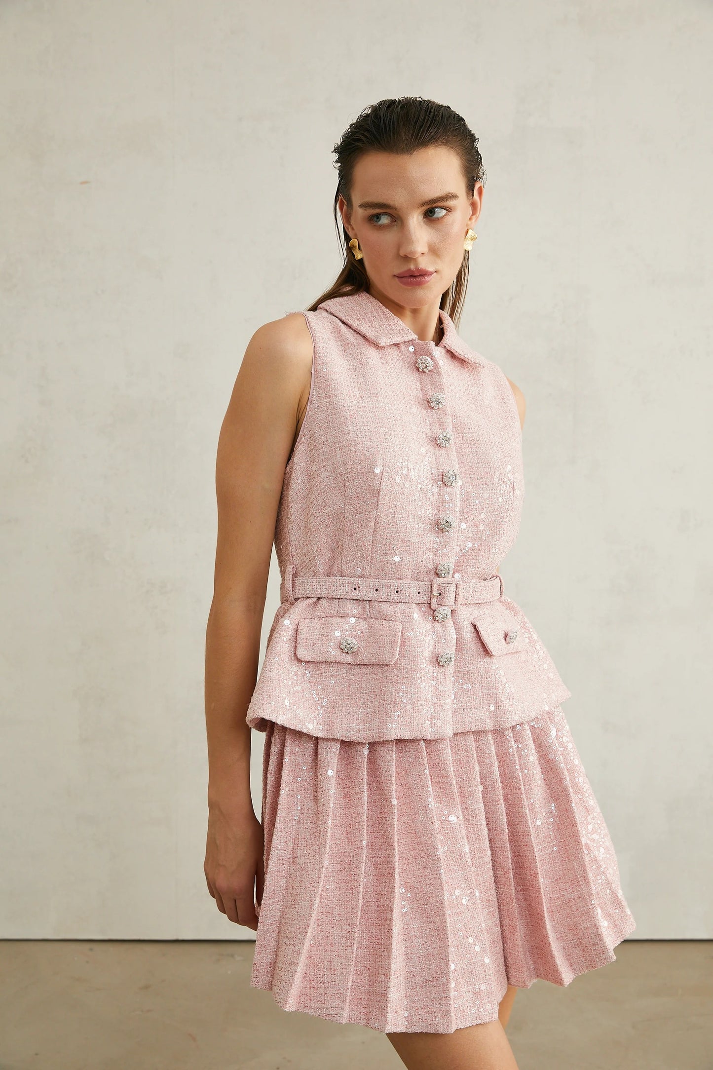 Elise Pink Pleated Embellished Mini Dress