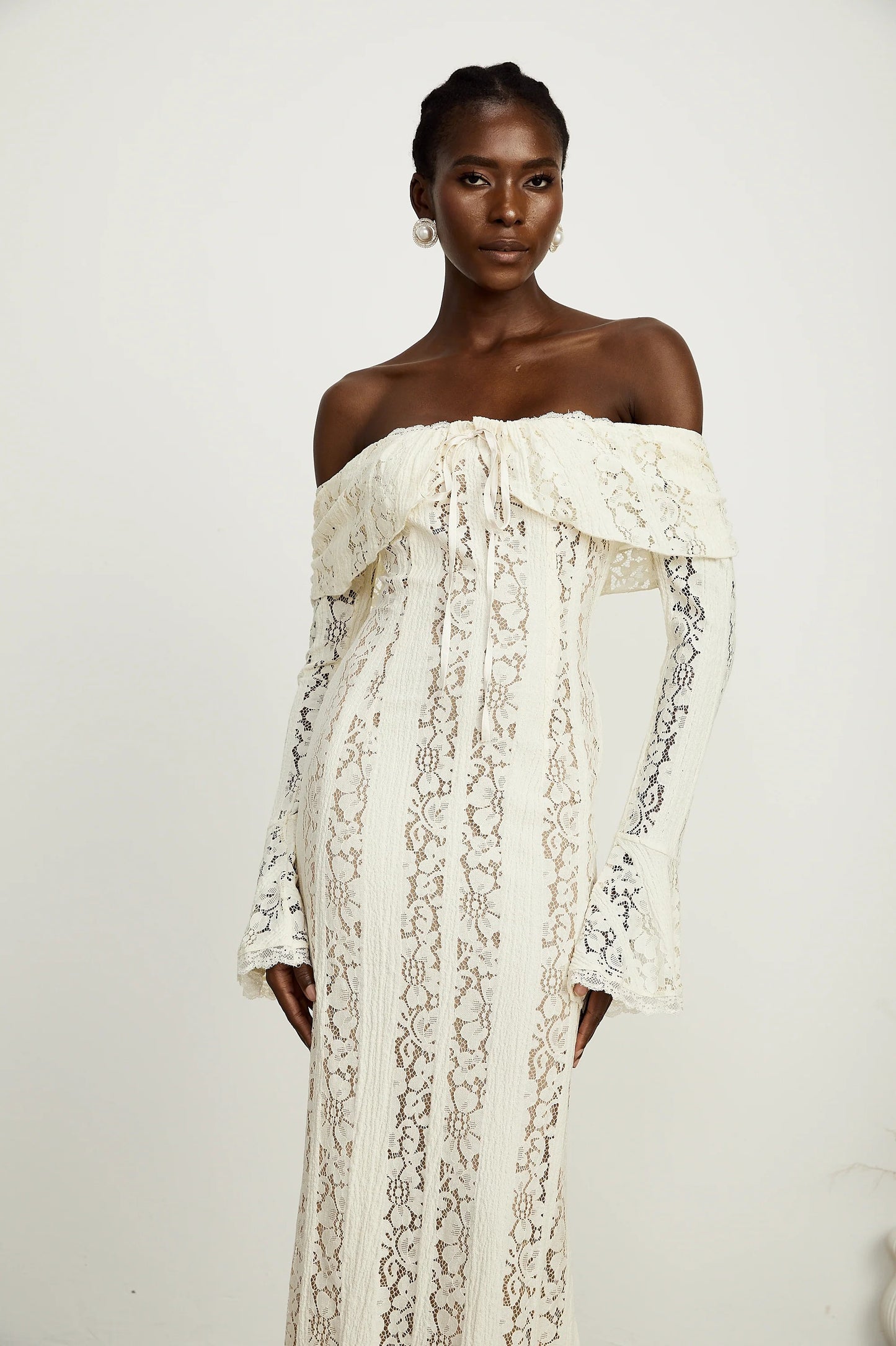 Emeline Floral Lace Flared-Cuff Maxi Dress in Neutrals