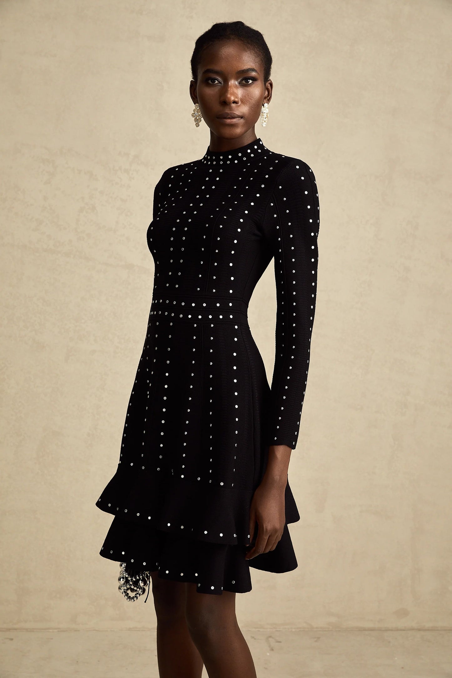 Fabienne Black Embellished Ruffled Knitted Mini Dress