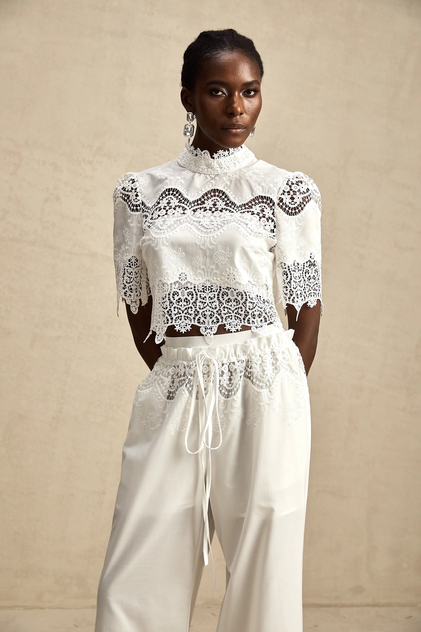 Raphaelle Lace-Trim Cut-Out Cropped Top & Trousers Matching Set