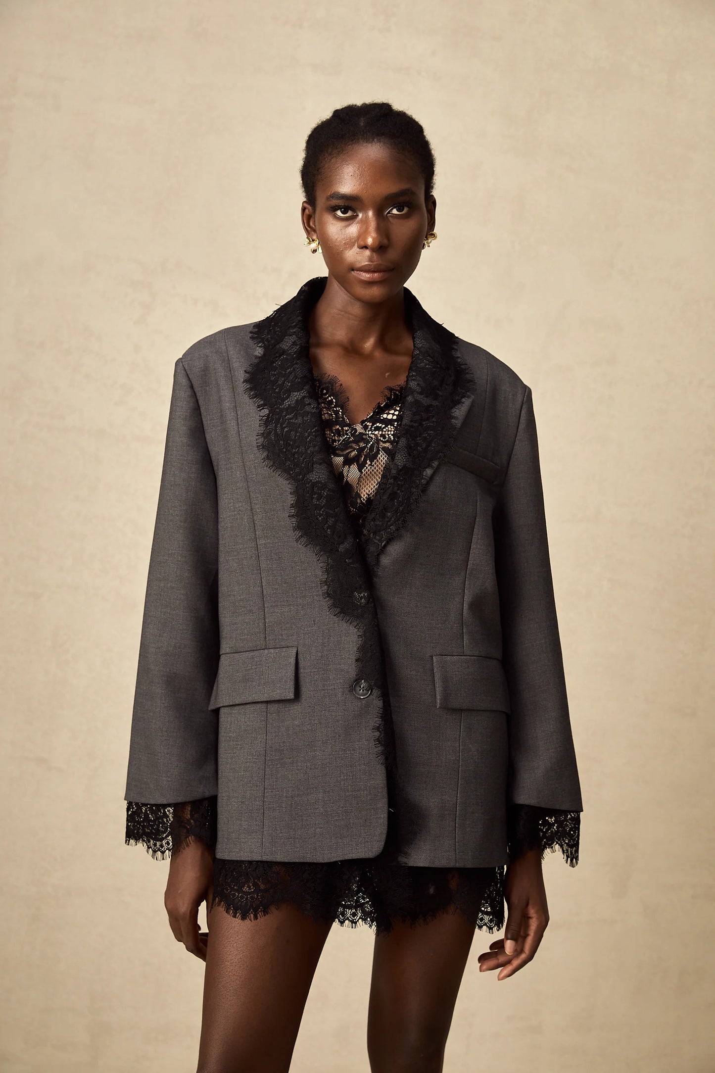Dianthe Grey Lace-Panel Blazer