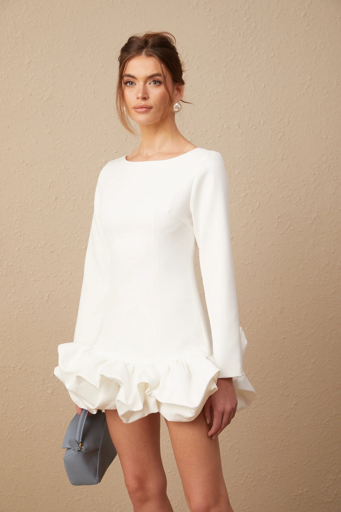 Elodie Bubble-Skirt Mini Dress in White