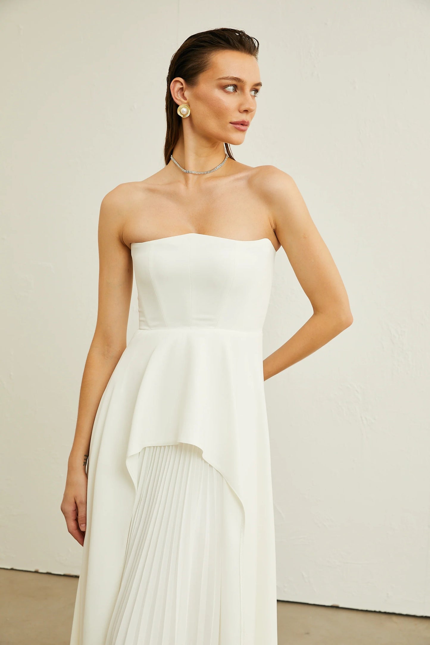 Vanessa White Pleated Off-Shoulder Maxi Dress
