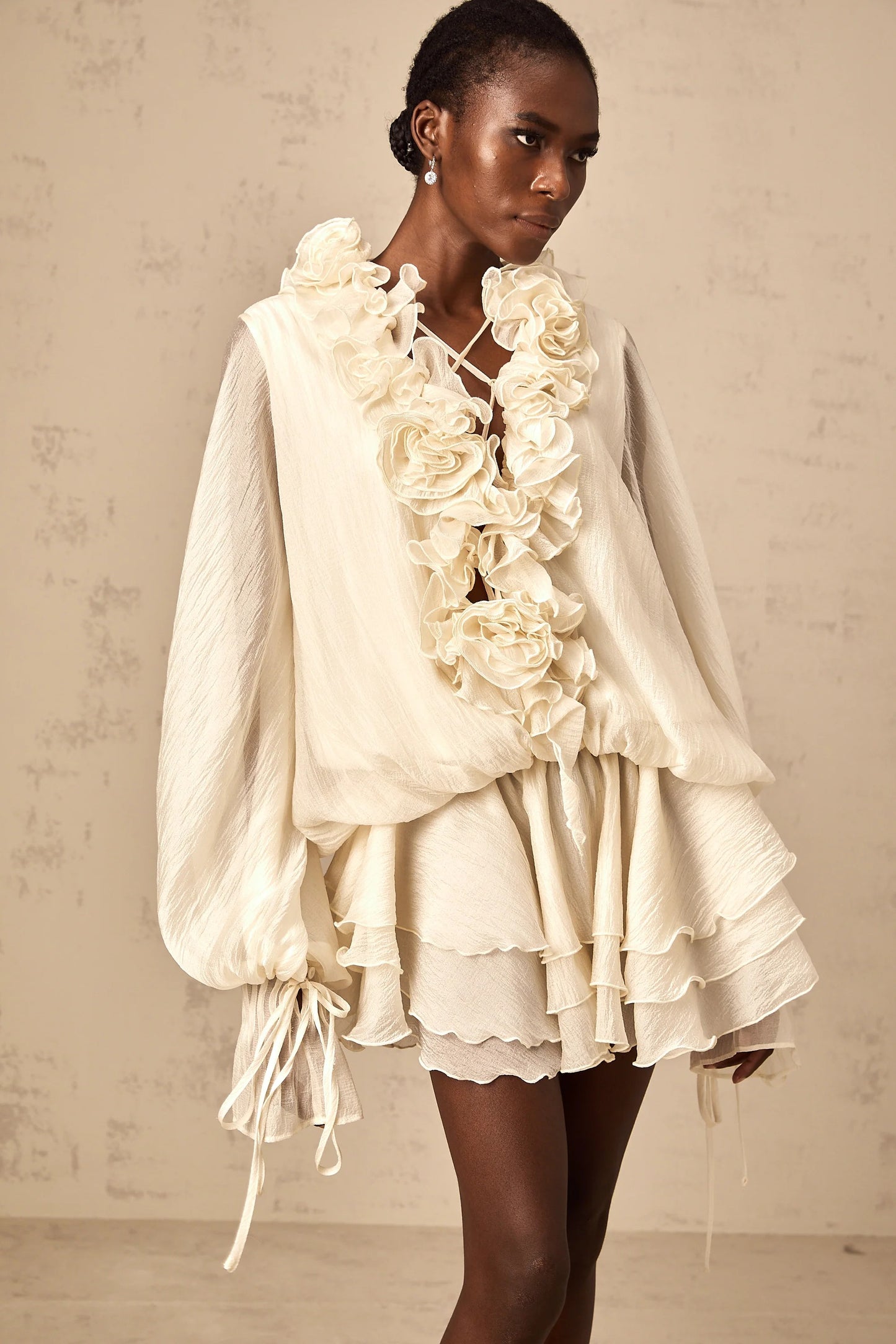Zephyrine Floral-Applique Tiered Mini Dress in Neutrals