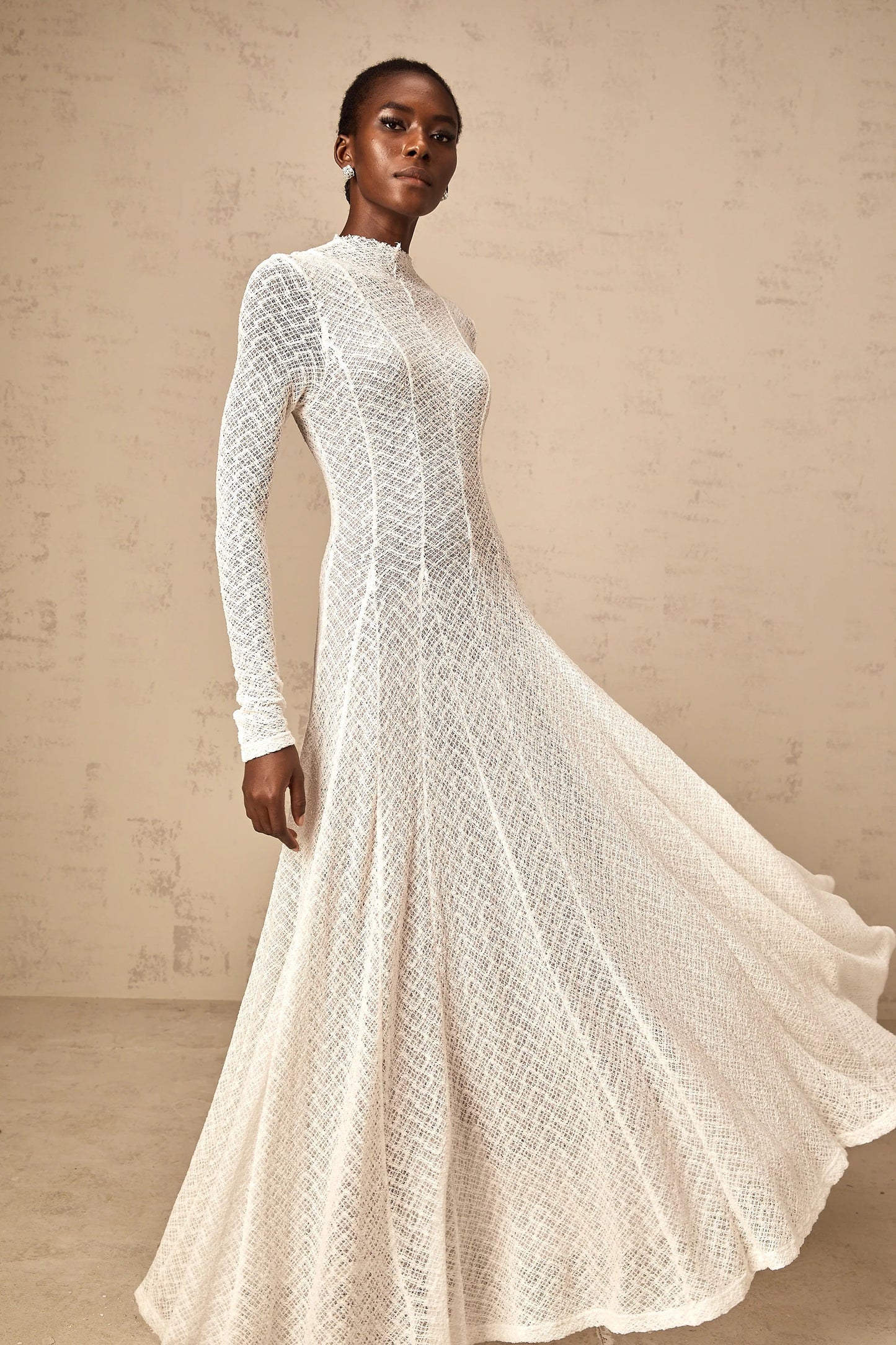 Athena Wavy-Pattern Lace Maxi Dress in White