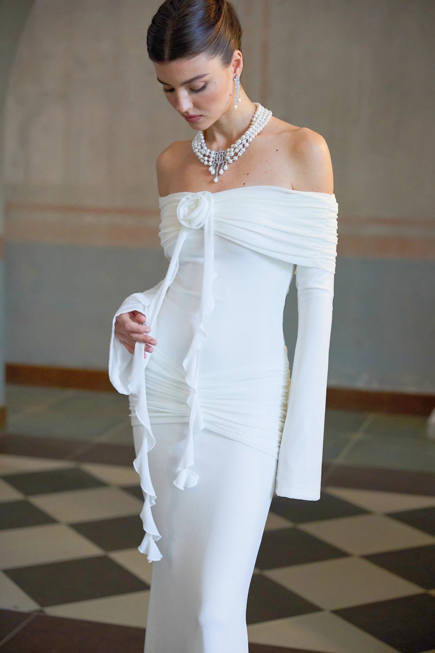 Wanda White Glittered Floral-Applique Knit Maxi Dress