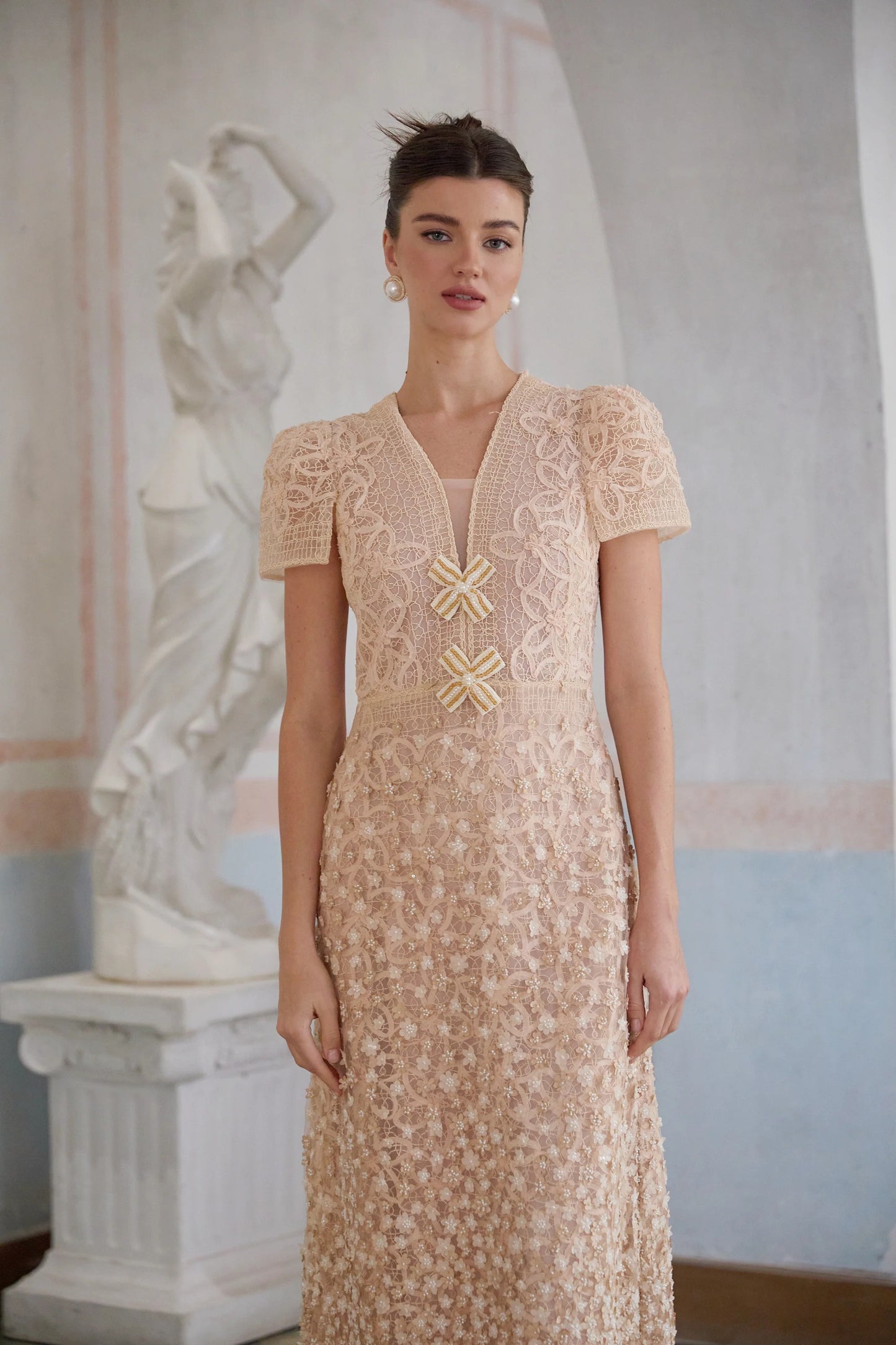 Berengere Neutrals Faux-Flower Crochet Midi Dress