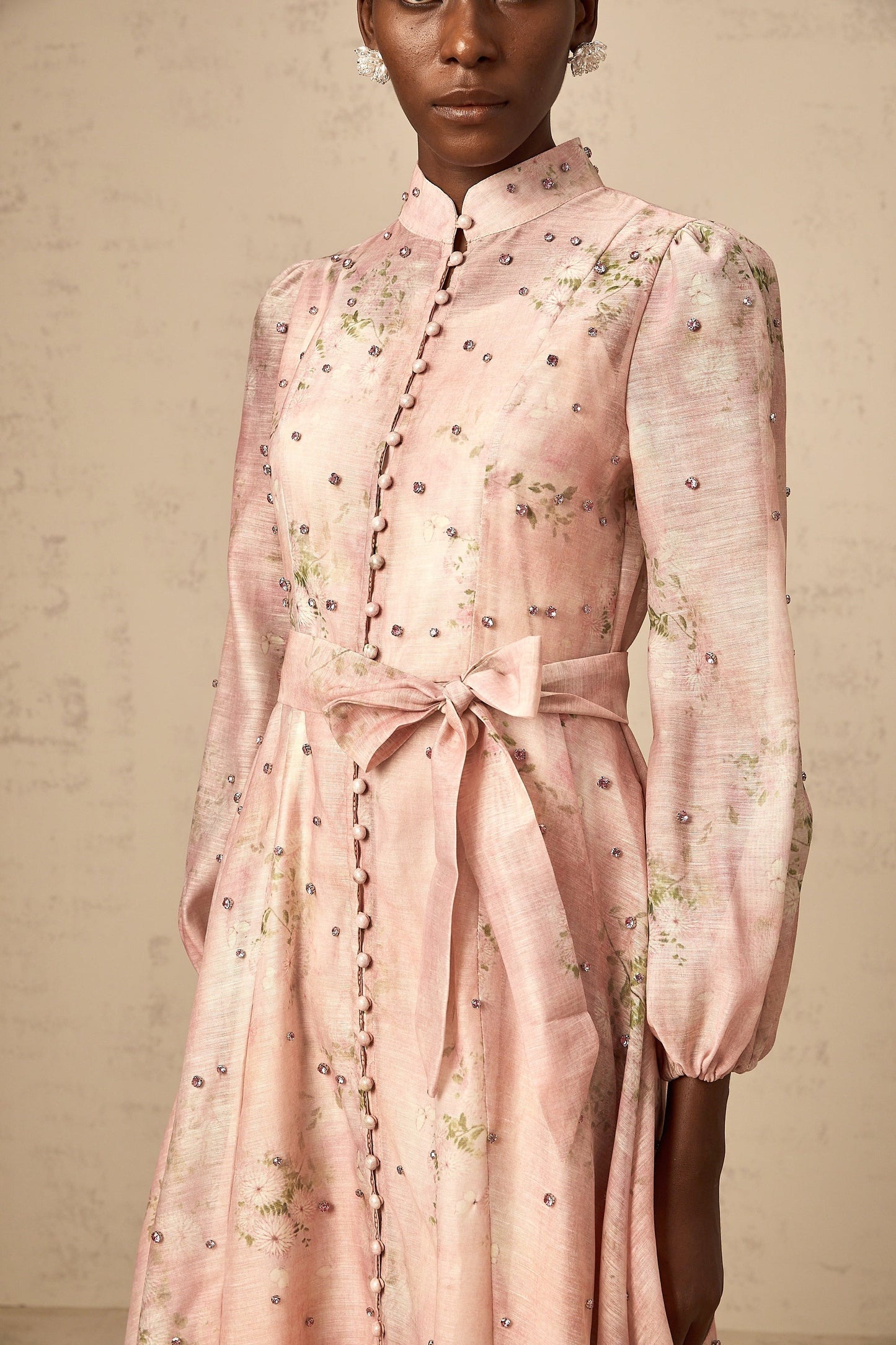 Narcisse Pink Embellished Floral-Print Midi Dress