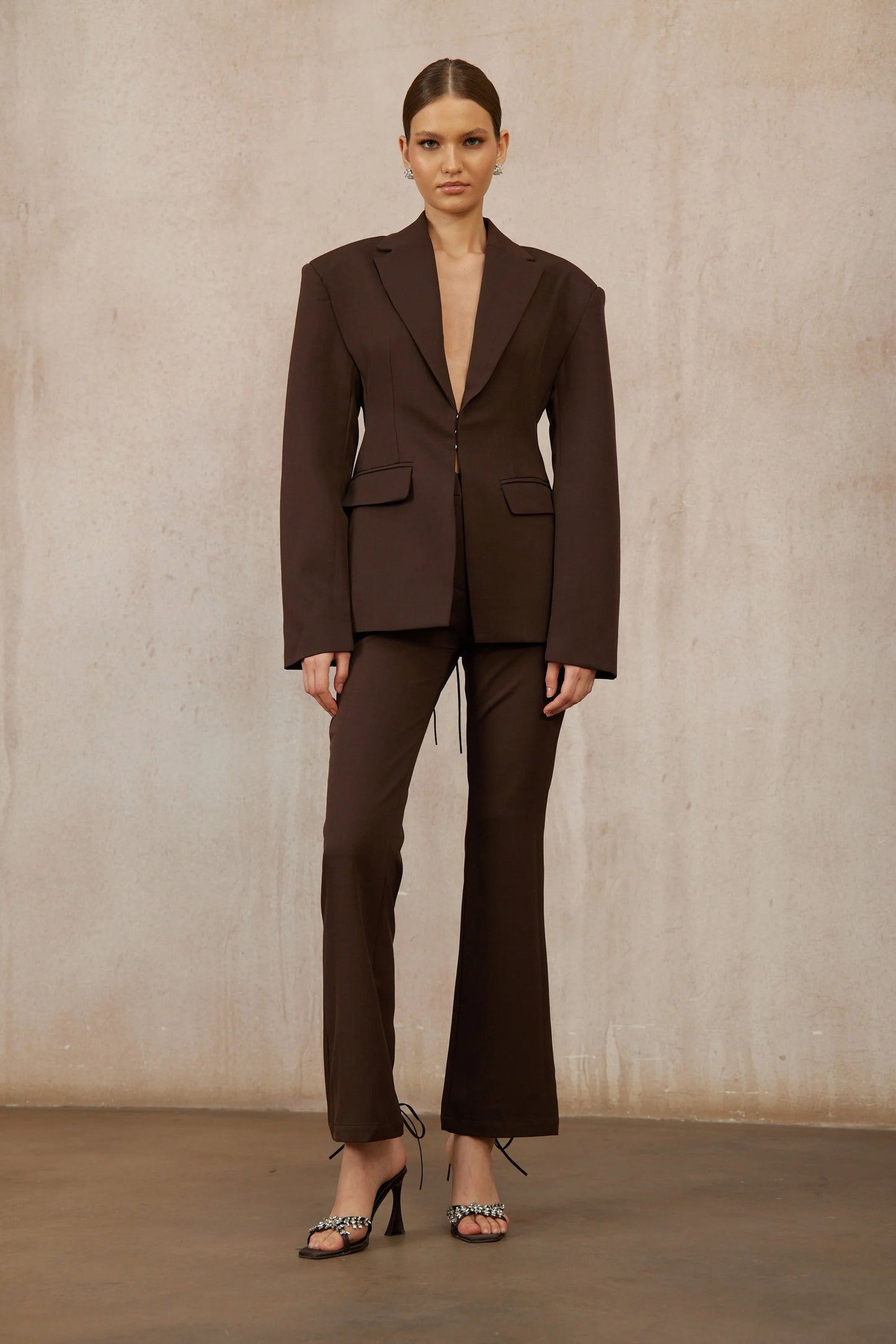 Prunille Brown Lace-Up Blazer & Trousers Set