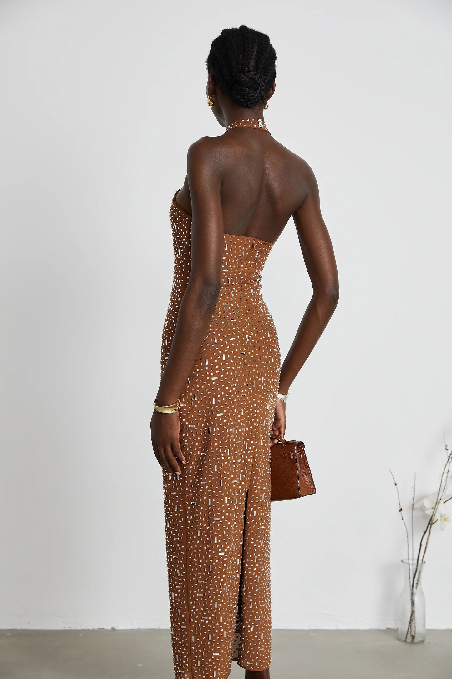 Desiree Brown Embellished Halter Neck Bodycon Maxi Dress