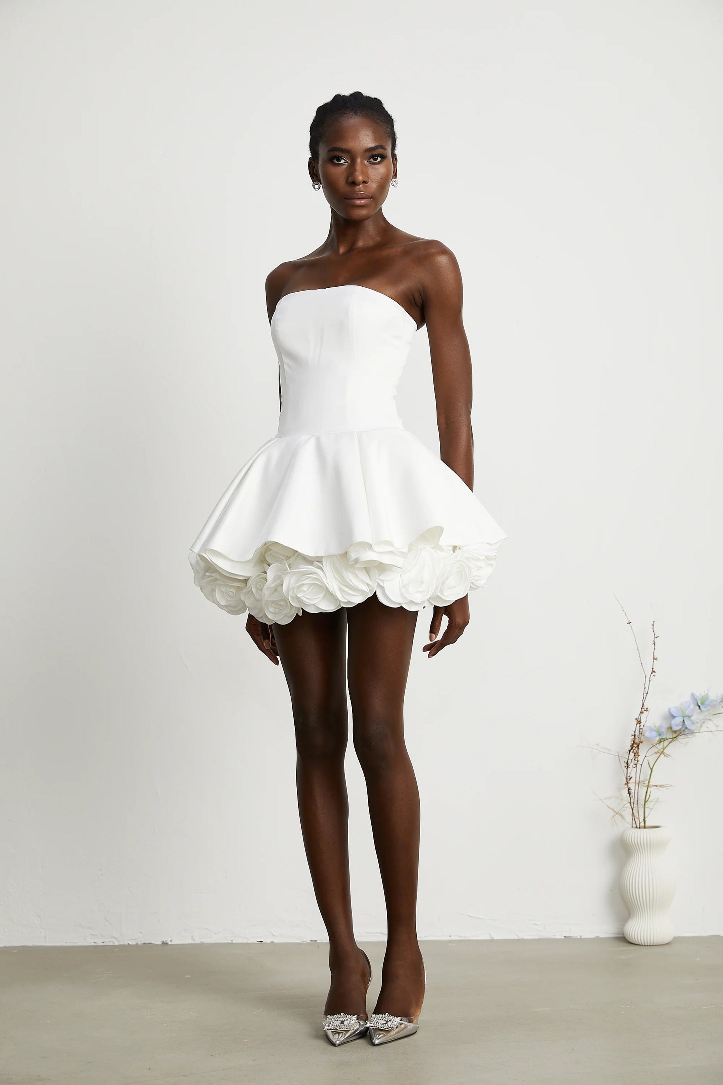 Lucie White Petal-Layered Strapless Corset Mini Dress