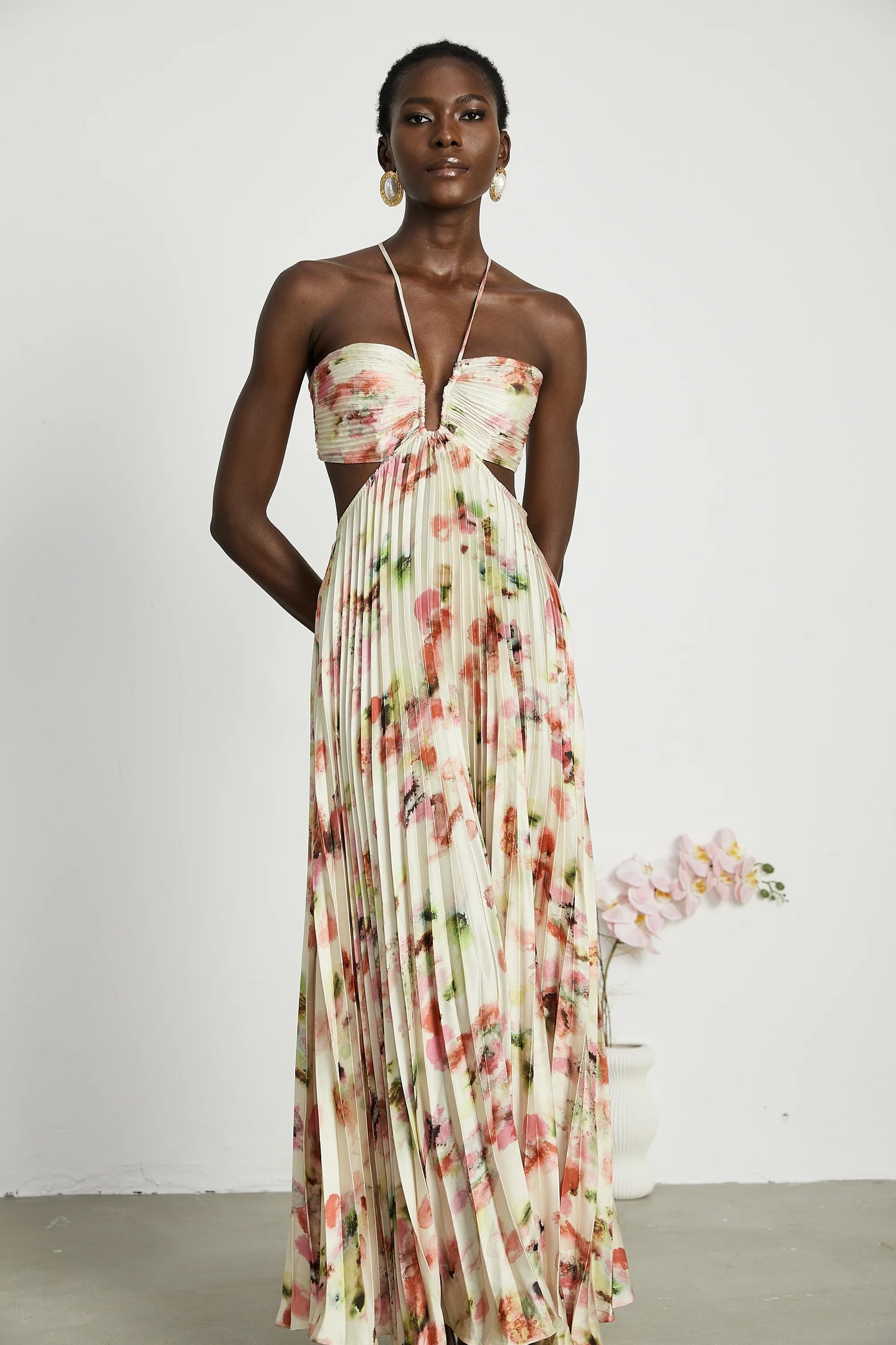 Andrea Cut-Out Floral-Print Pleated Maxi Dress