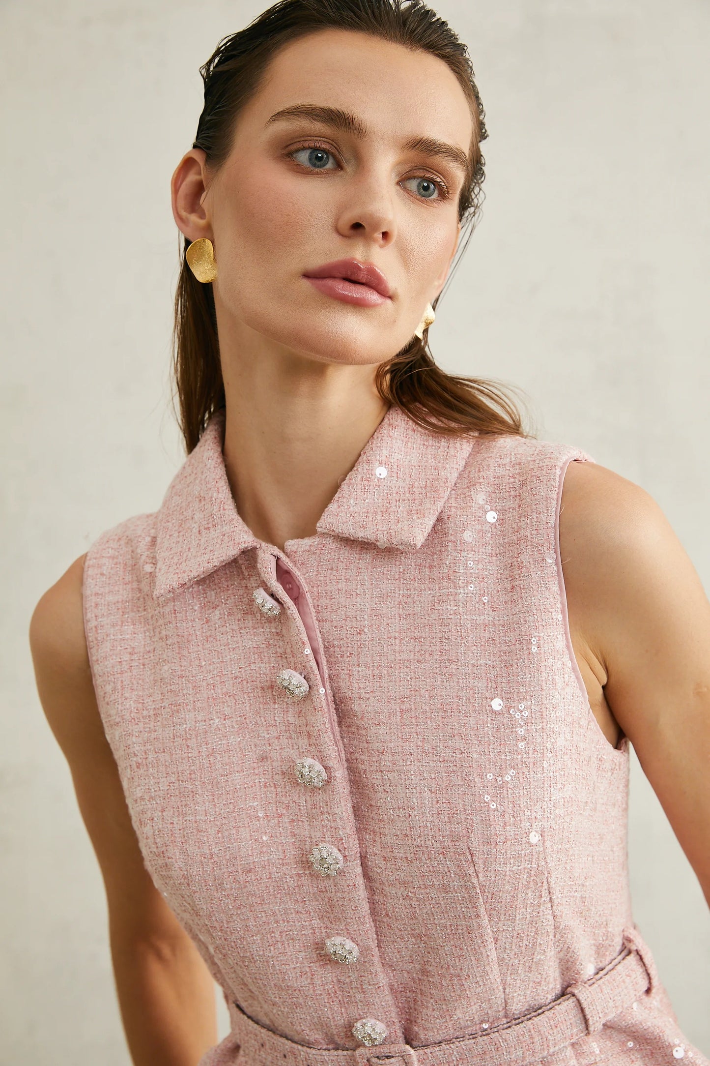 Elise Pink Pleated Embellished Mini Dress