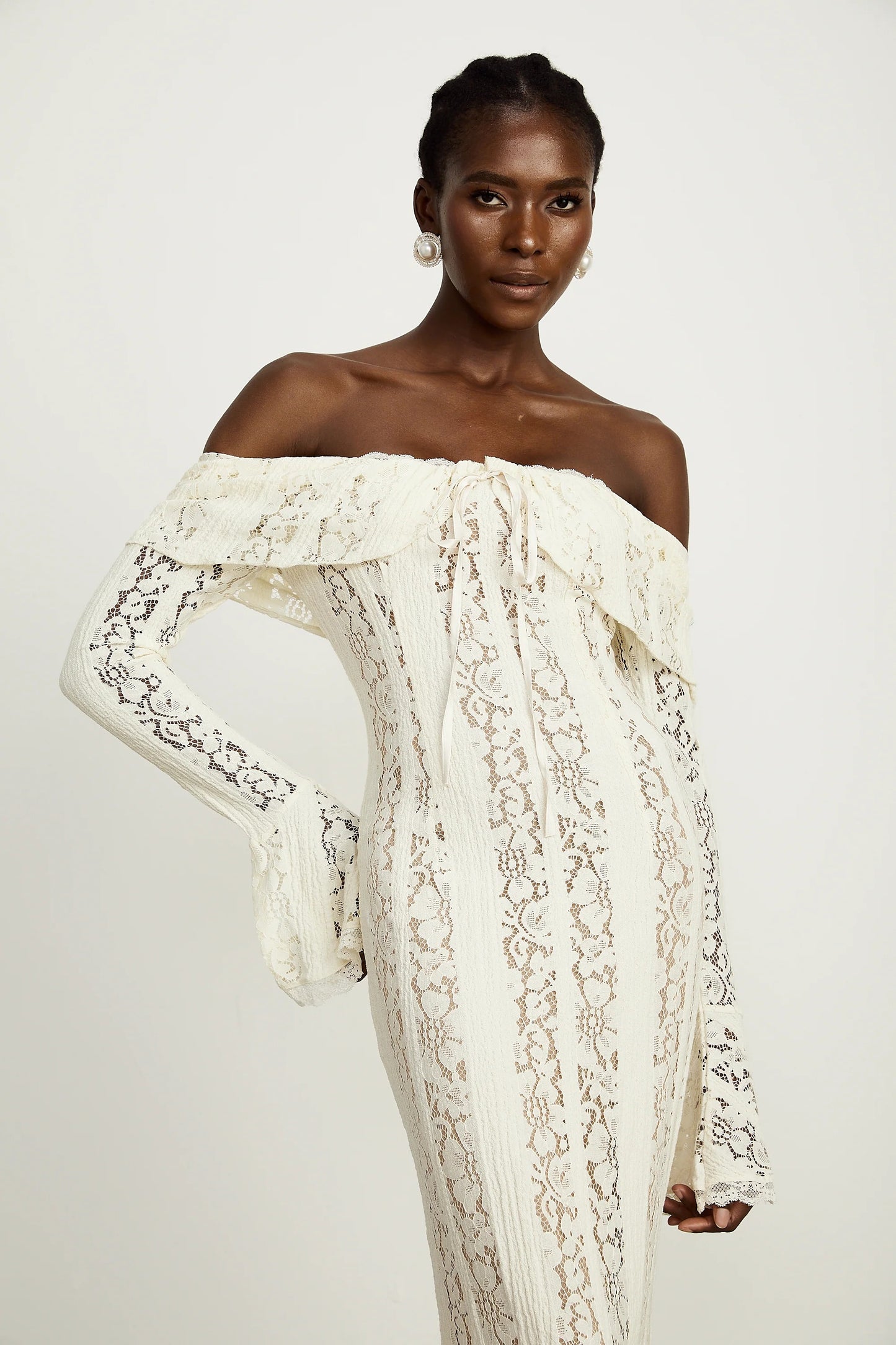 Emeline Floral Lace Flared-Cuff Maxi Dress in Neutrals