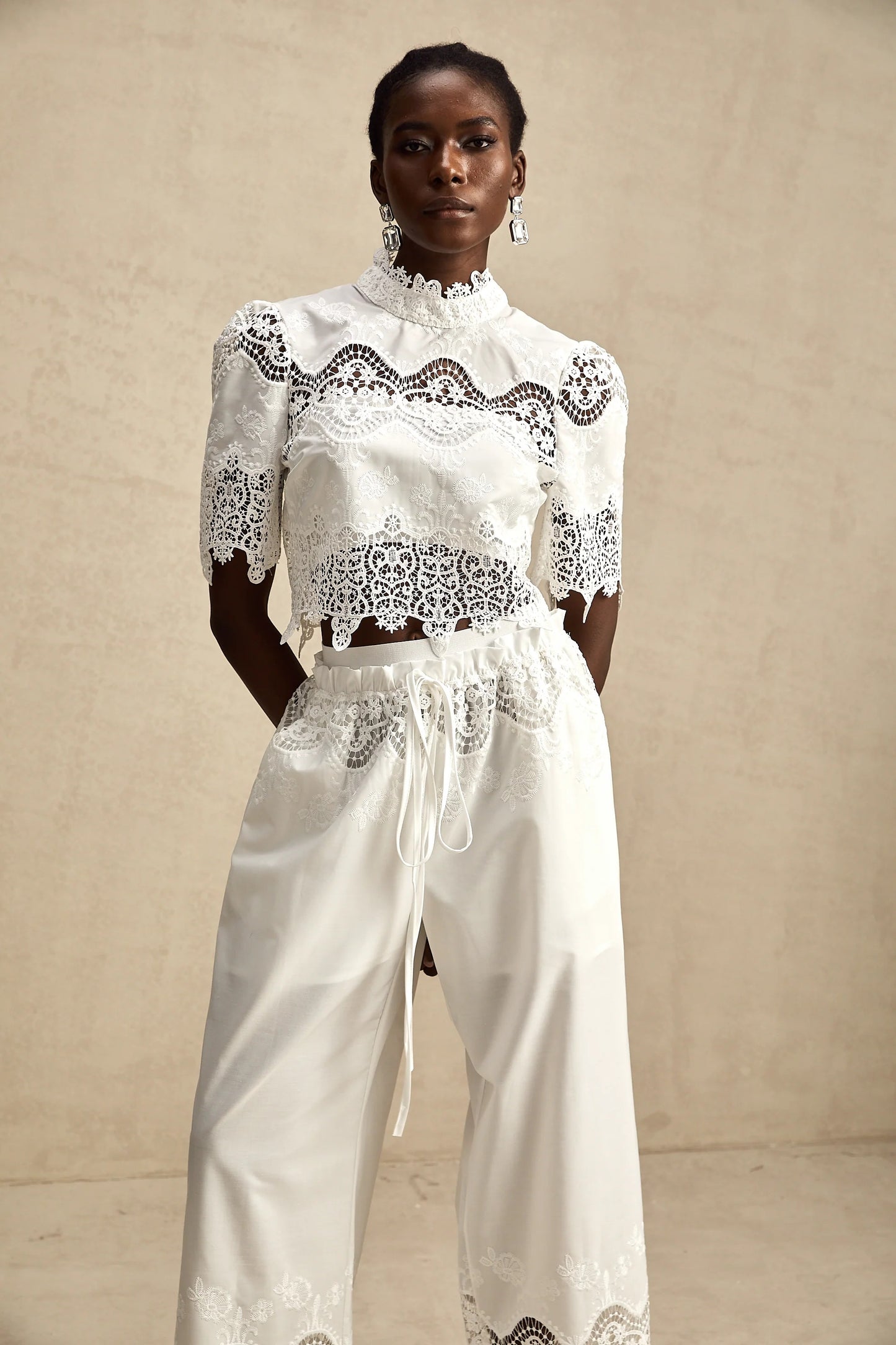 Raphaelle Lace-Trim Cut-Out Cropped Top & Trousers Matching Set