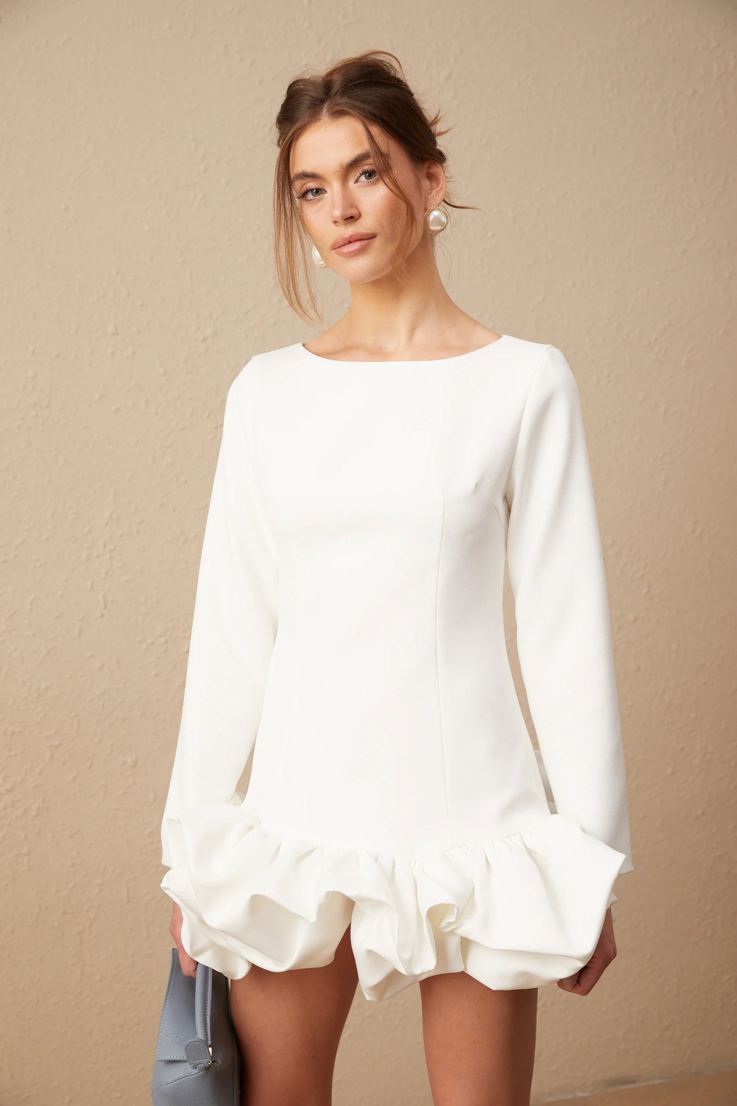 Elodie Bubble-Skirt Mini Dress in White
