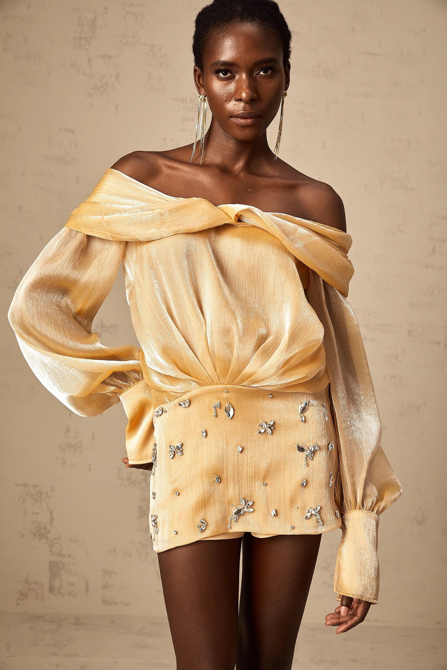 Adelina Gold Crystal-Embellished Panelled Mini Dress