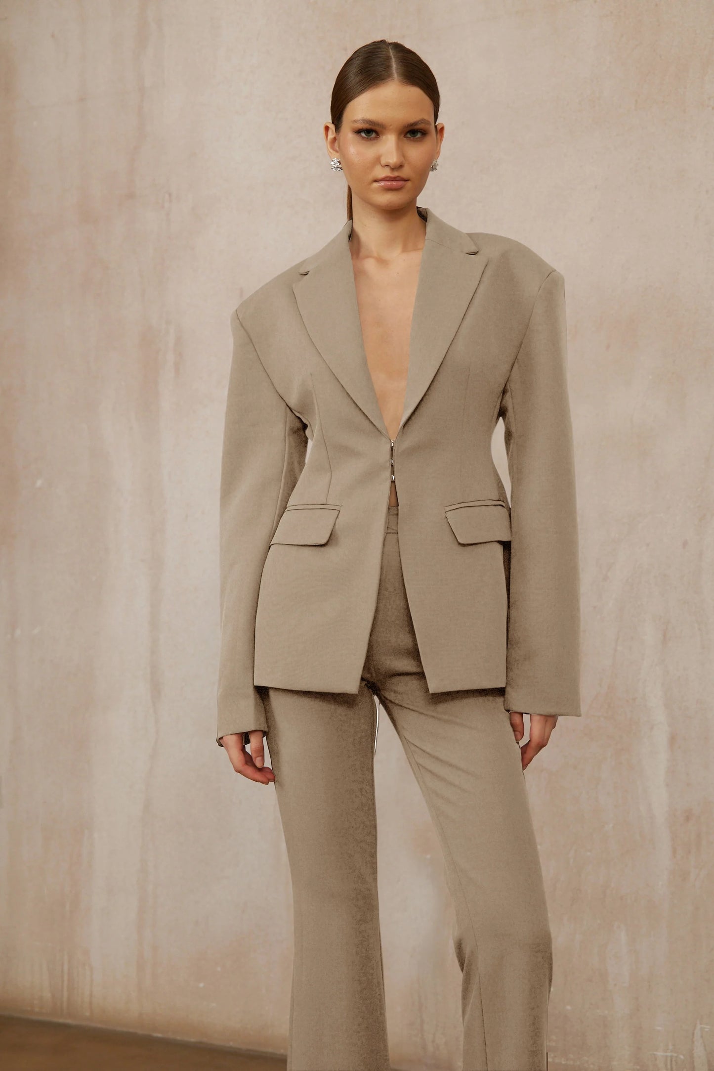 Prunille Khaki Lace-Up Blazer & Trousers Set