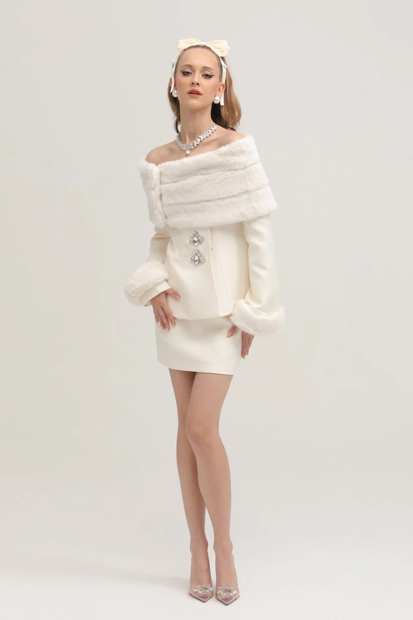 Caitlin White Faux-Fur Jacket & Skirt Matching Set