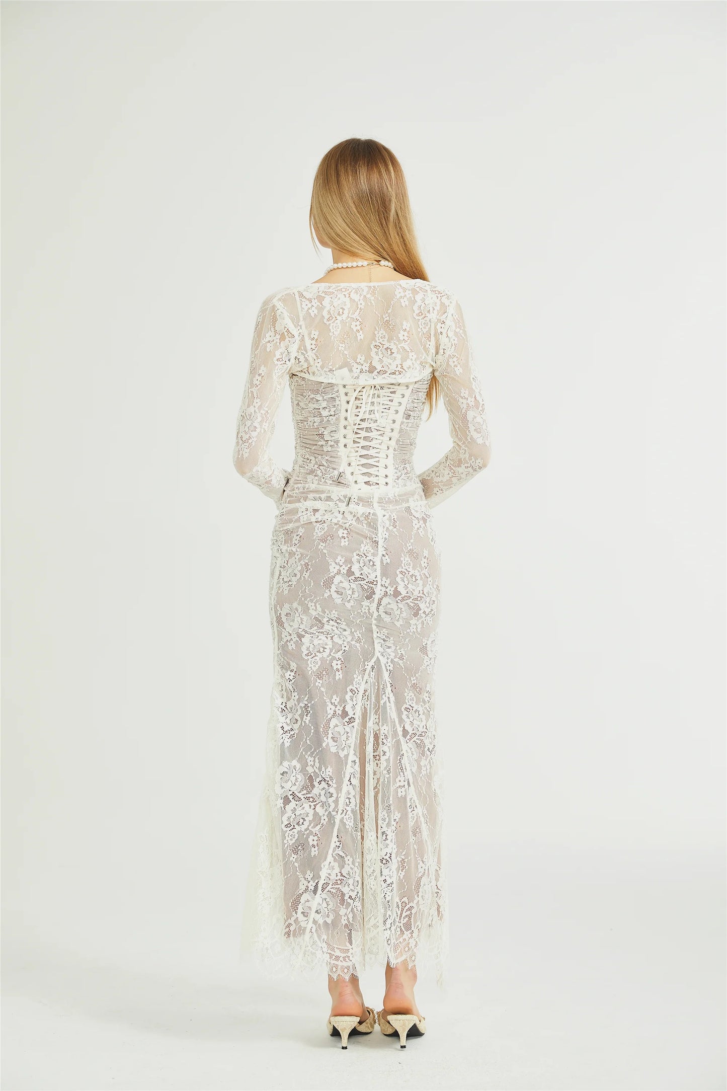 Valérie white floral lace mesh maxi dress