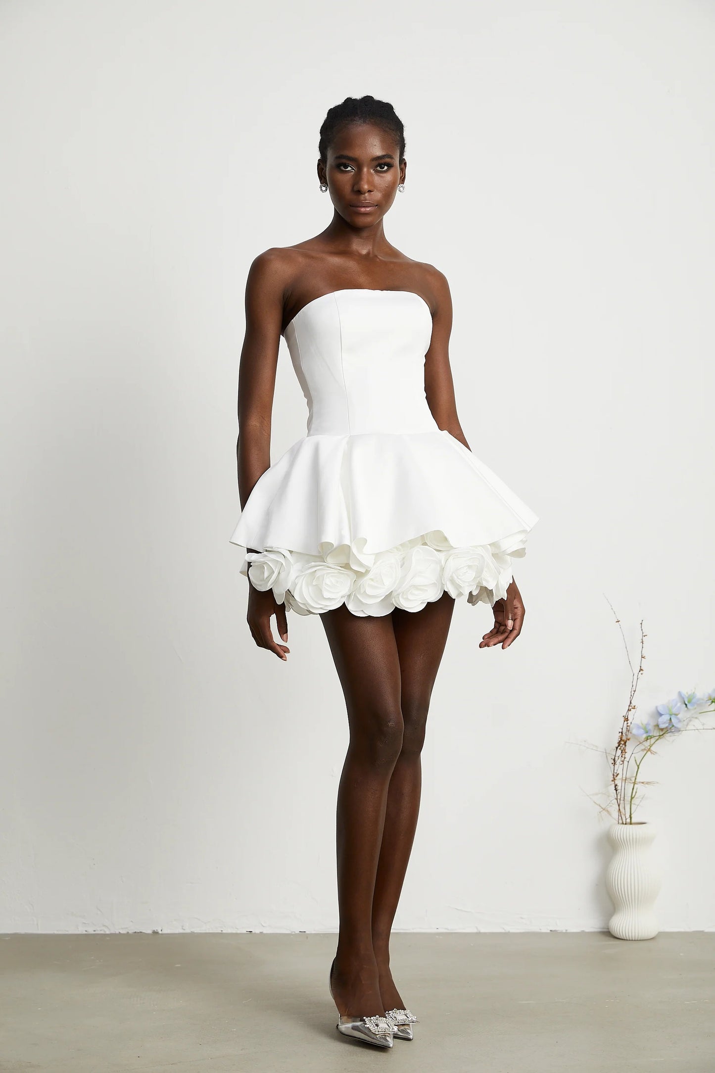 Lucie White Petal-Layered Strapless Corset Mini Dress