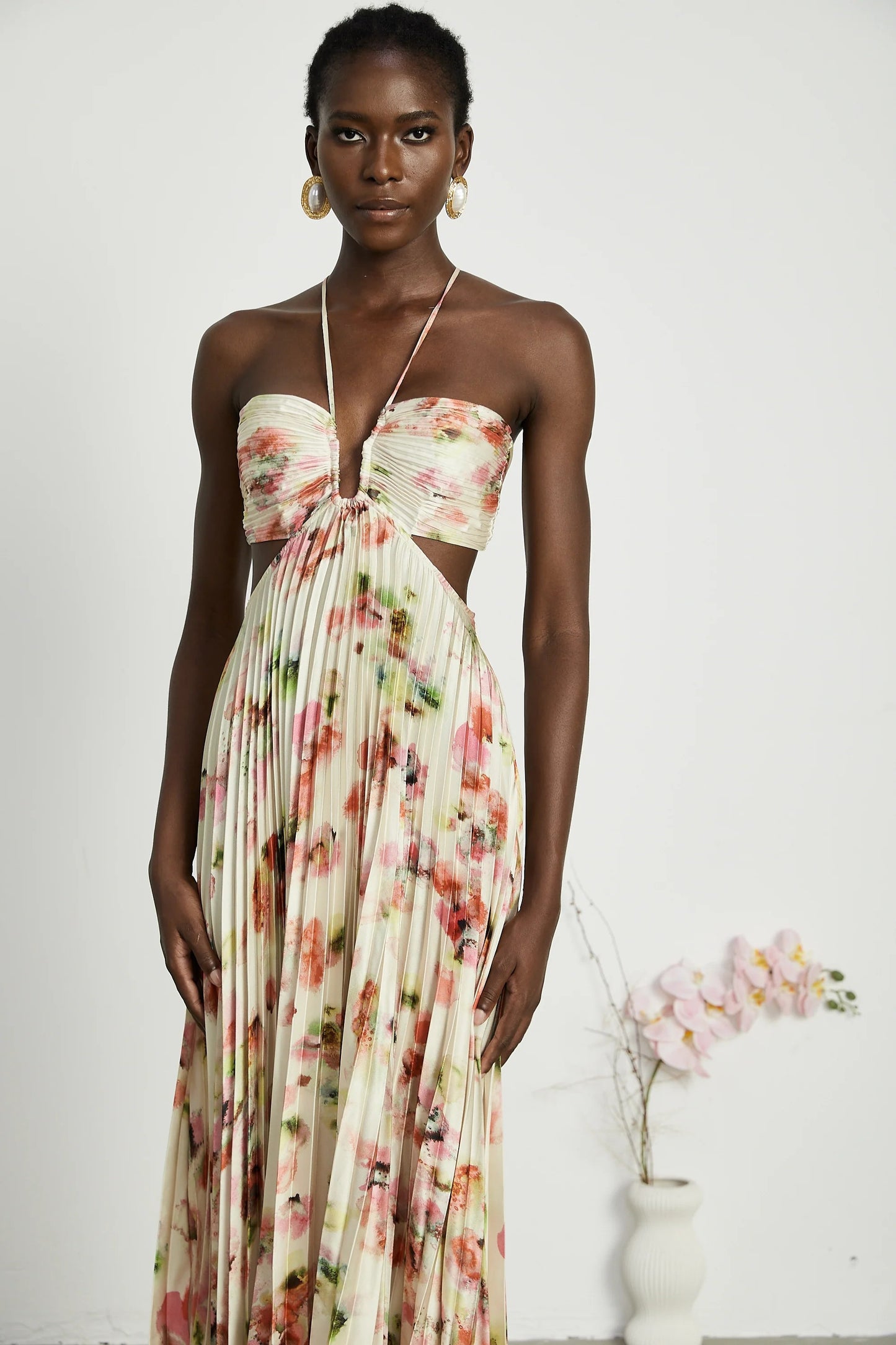 Andrea Cut-Out Floral-Print Pleated Maxi Dress