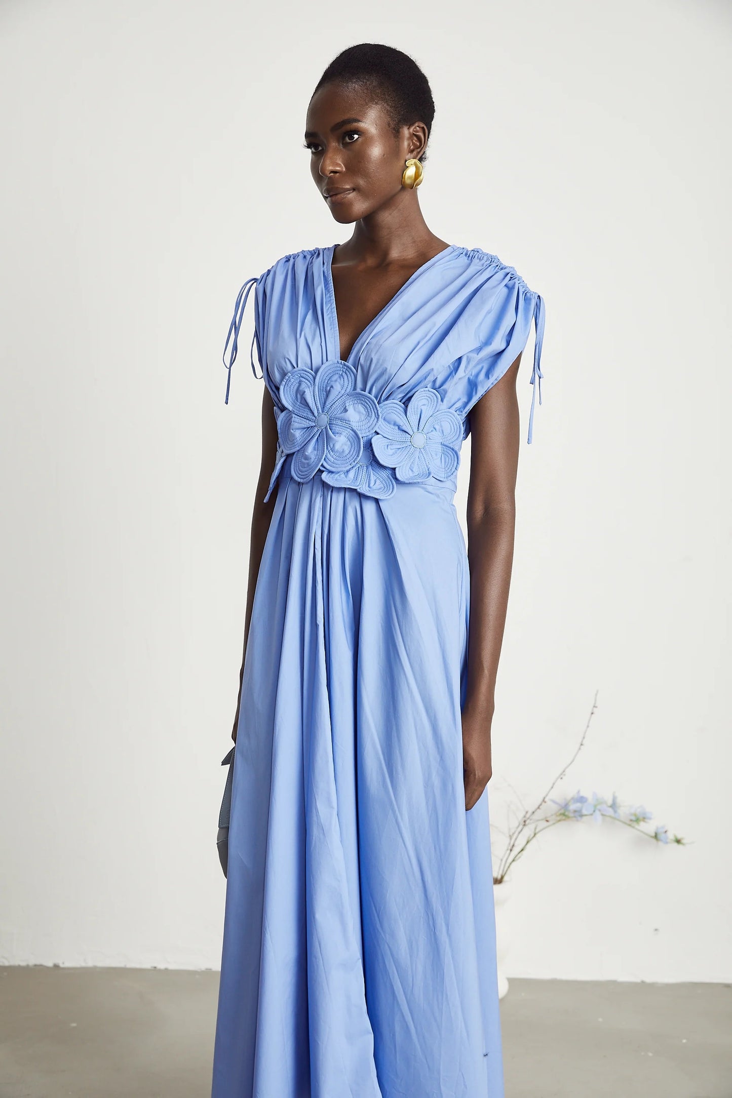 Emma Petal-Detail Drawstring Maxi Dress in Blue