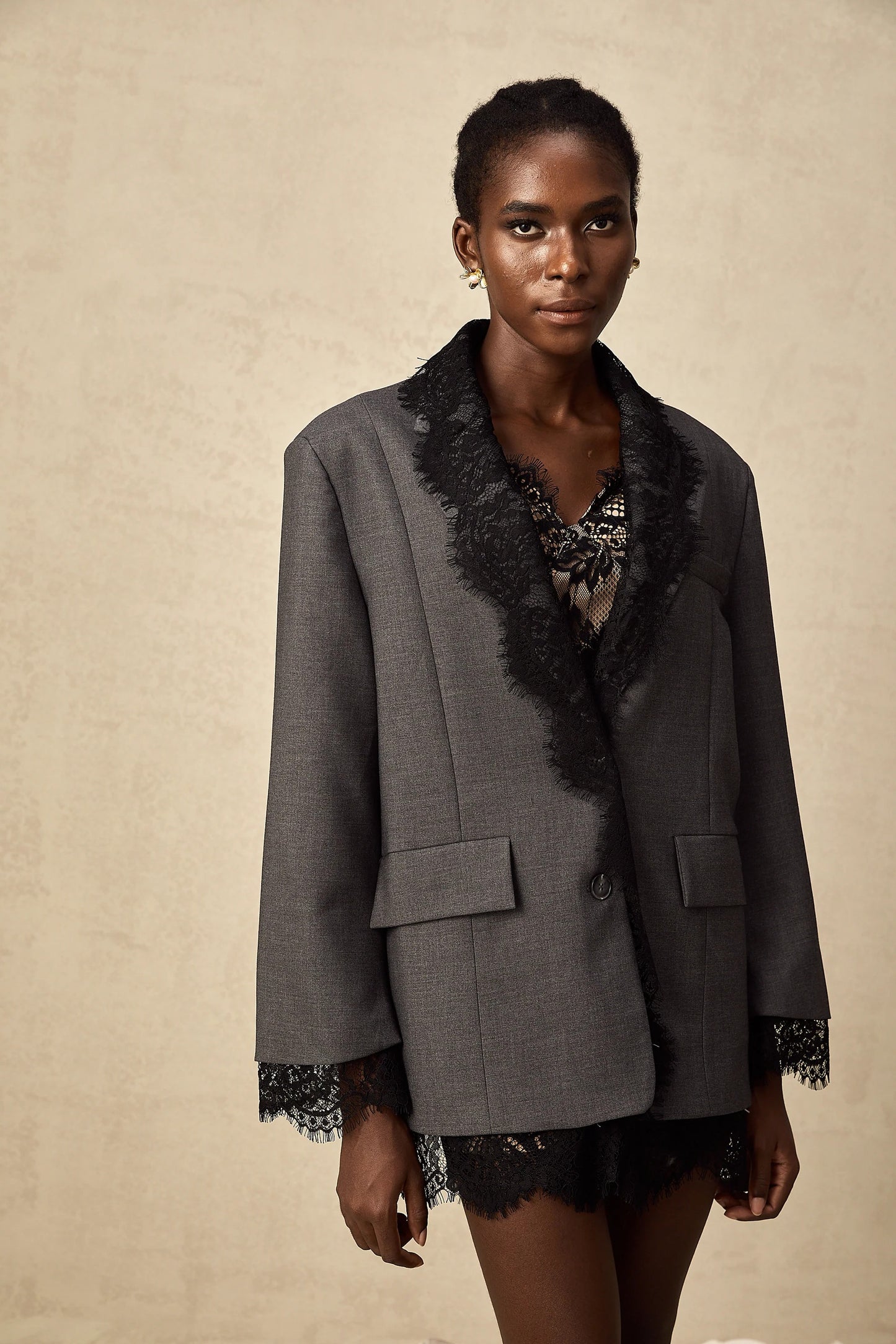 Dianthe Grey Lace-Panel Blazer