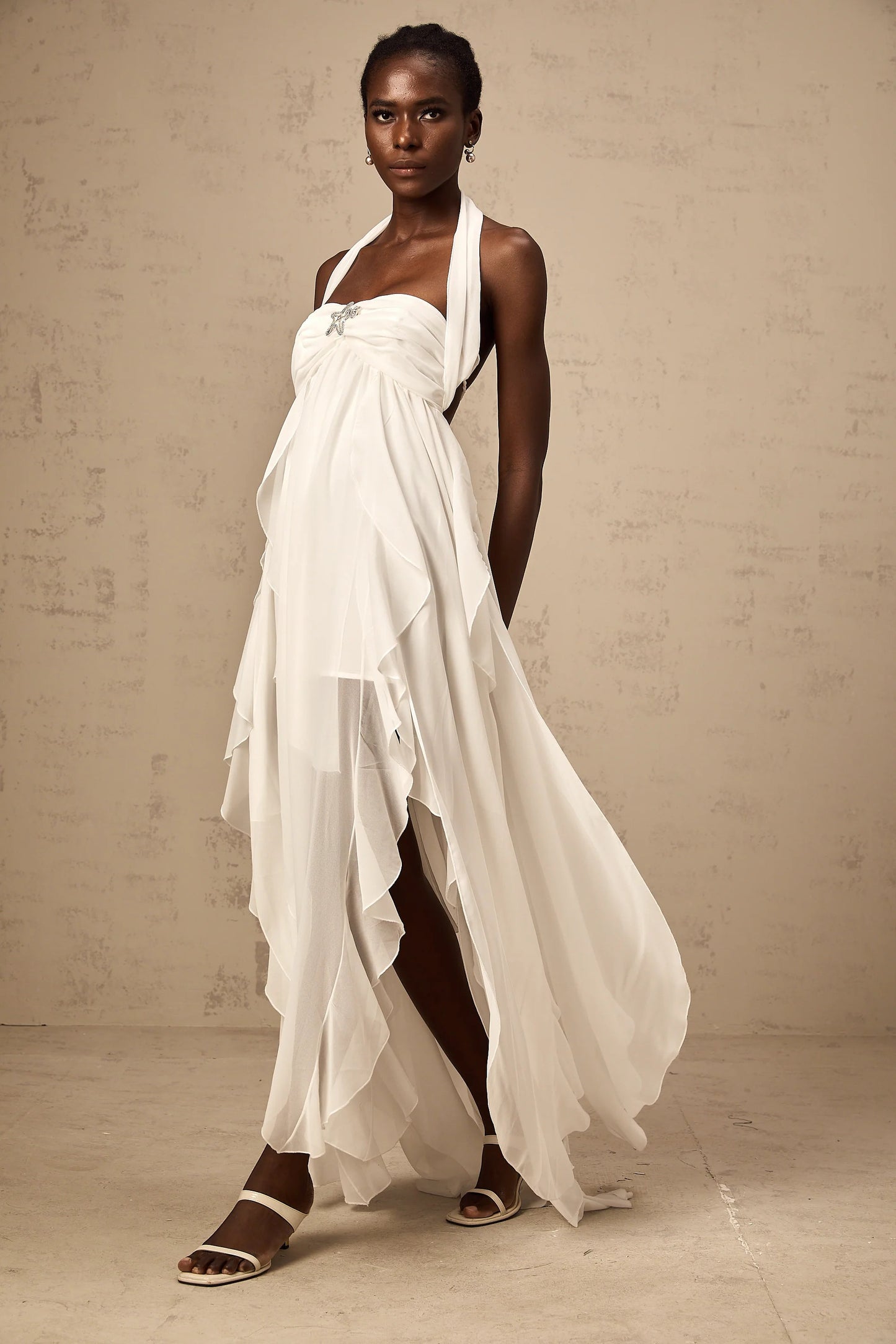 Mariah White Chiffon Ruffle Halterneck Maxi Dress