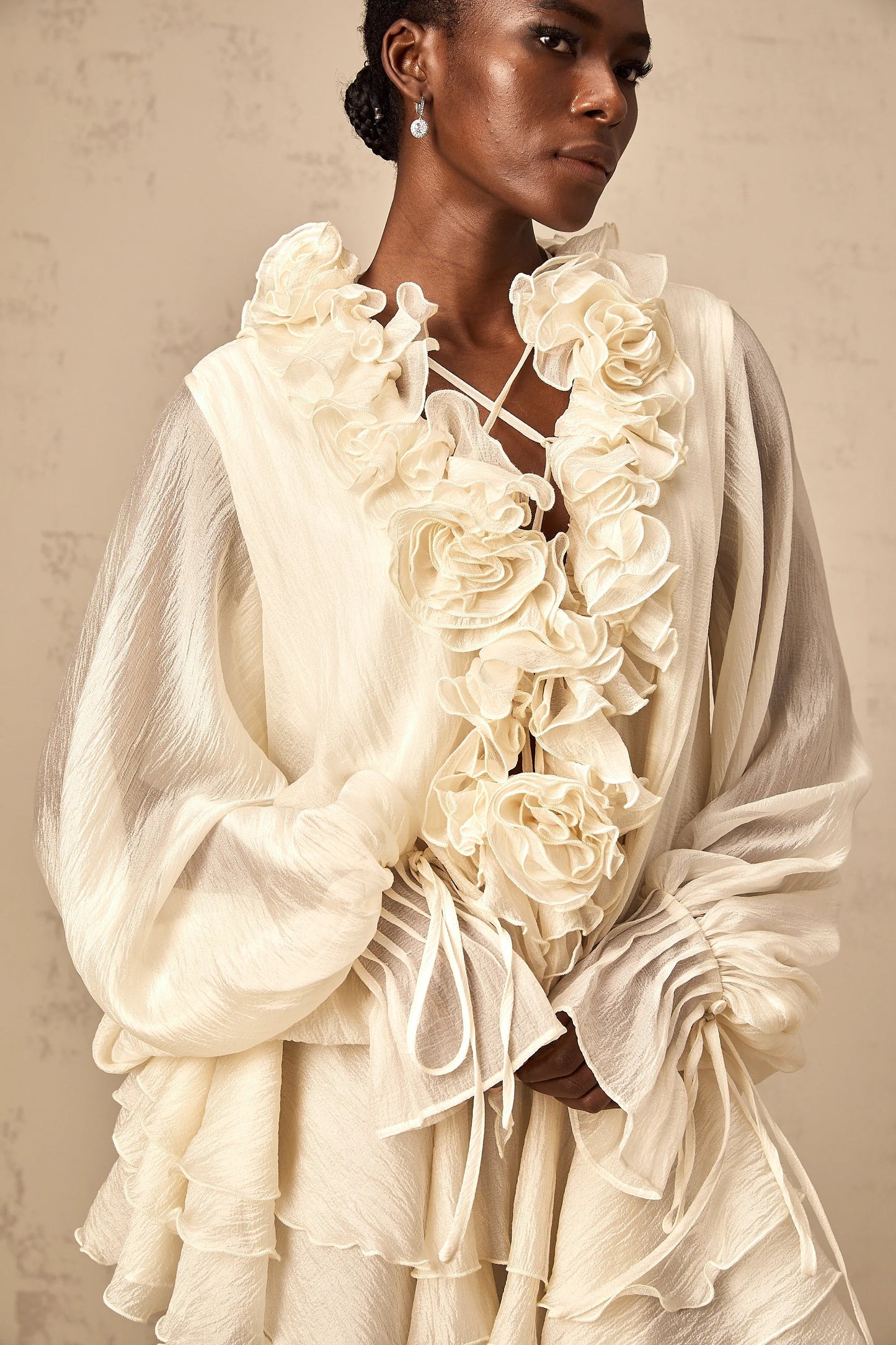 Zephyrine Floral-Applique Tiered Mini Dress in Neutrals