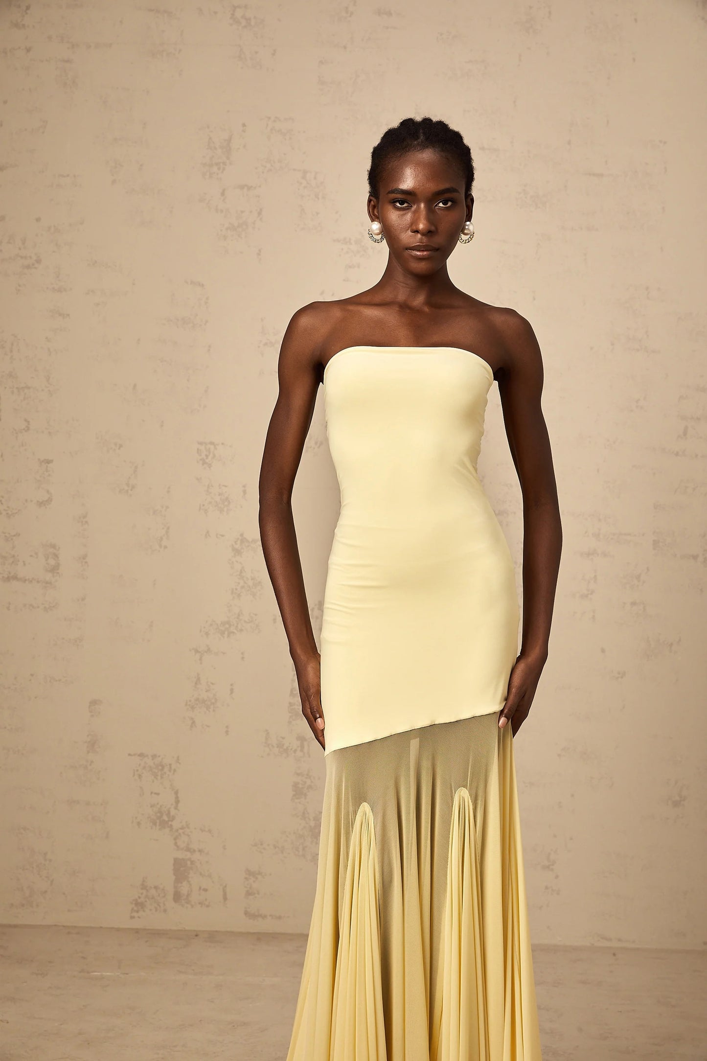 Josiane Yellow Off-Shoulder Sheer Tulle Maxi Dress