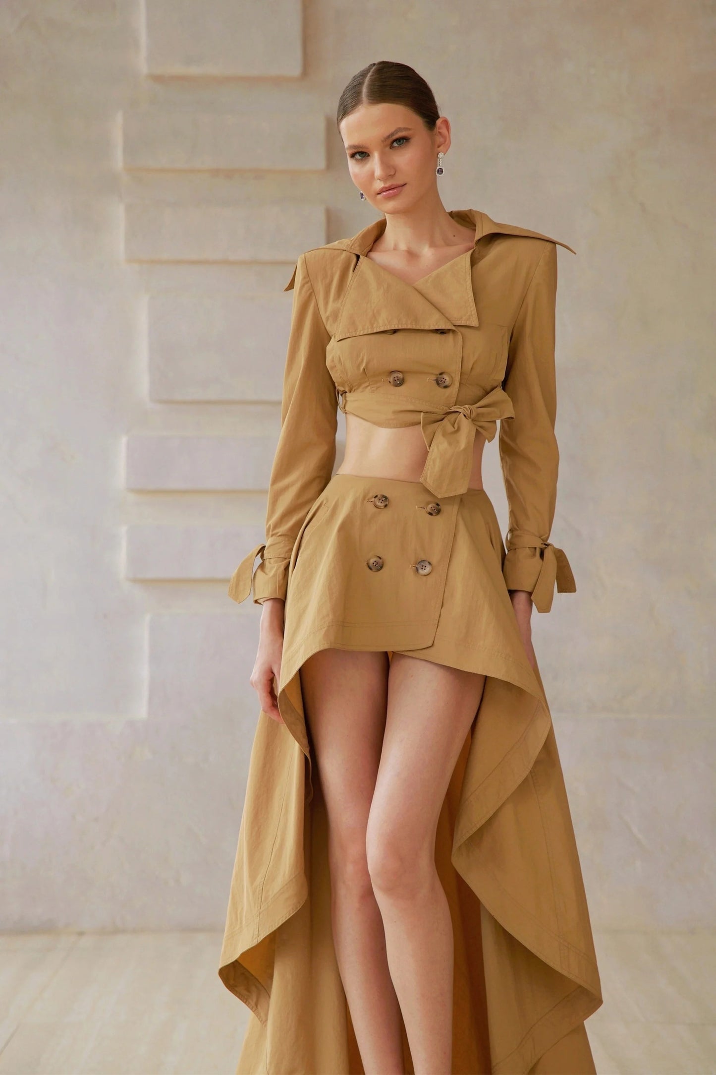 Maelle Khaki Cropped Trench Jacket & Skirt Matching Set