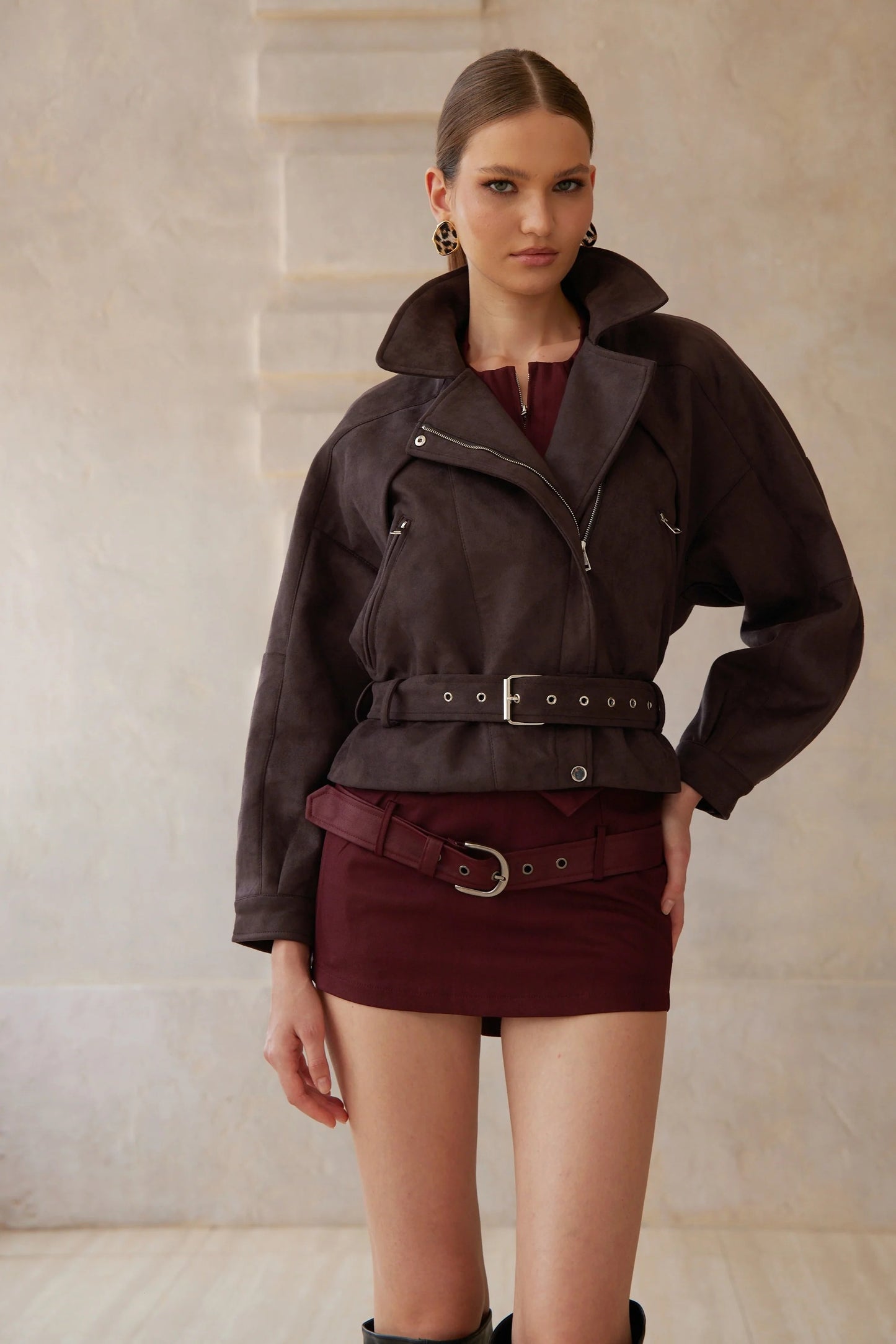 Laura Brown Belted Suede Biker Jacket