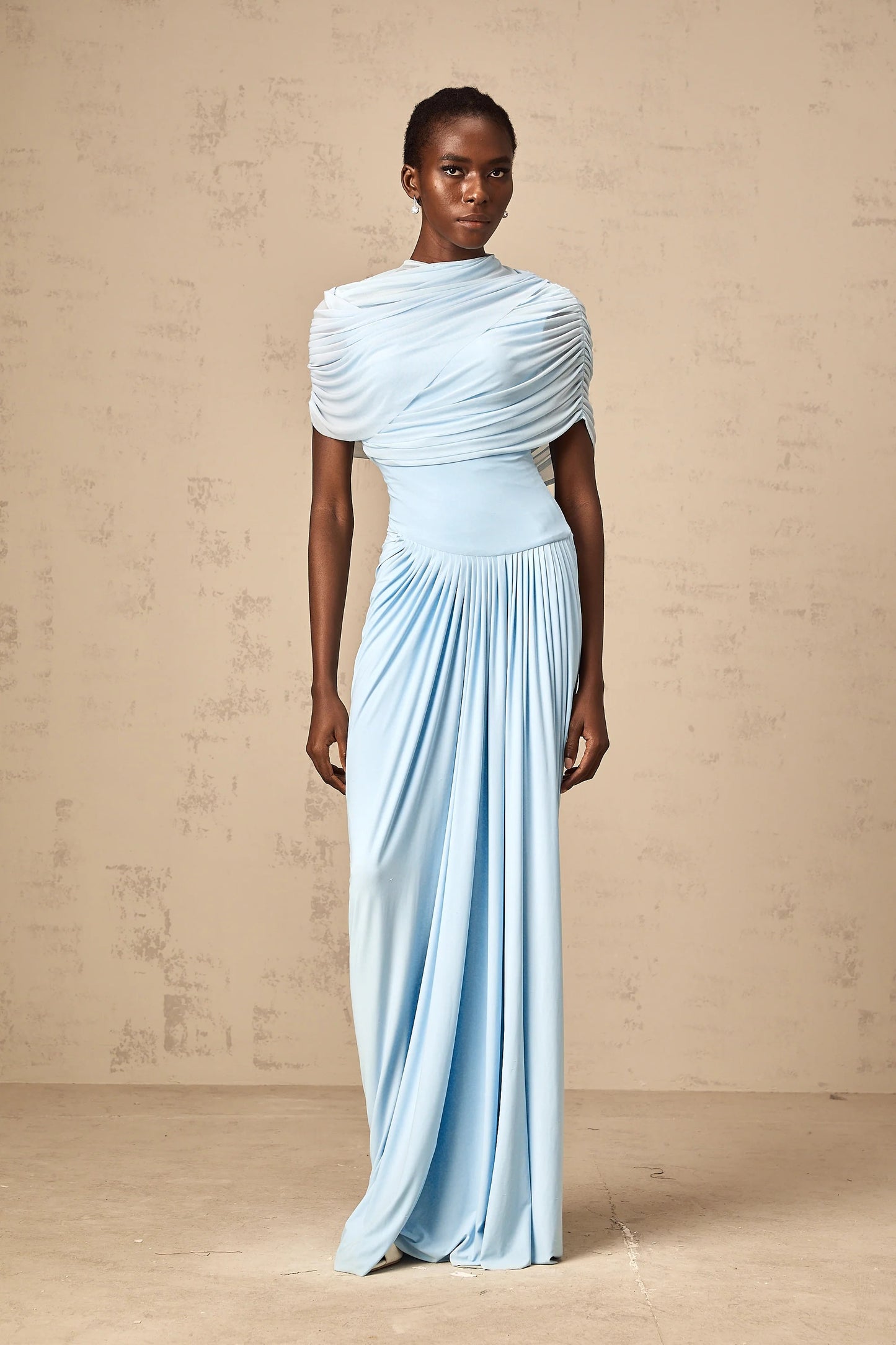 Catherine asymmetrical pleated maxi dress in Baby-blue